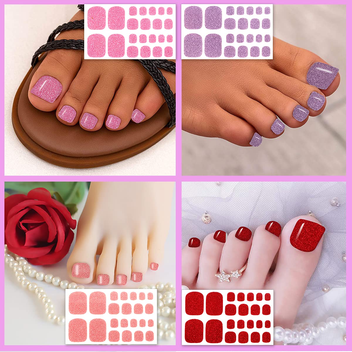 SILPECWEE 20 Sheets Toe Nail Wraps Glitter Solid Toenail Polish Strips for Women Toenail Stickers Gel Nail Strips Self Adhesive Toe Nail Stickers for Nail Art Accessories with Nail File