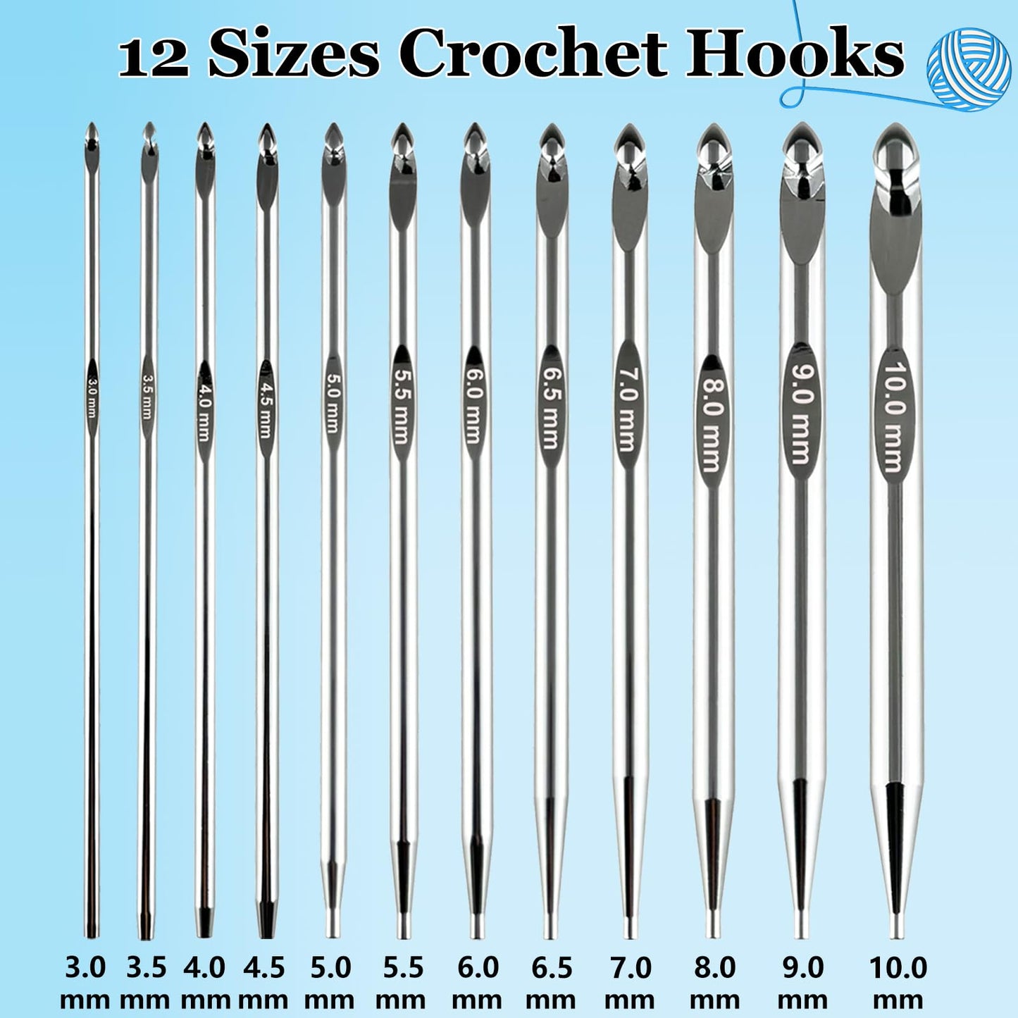 Hobekoee Tunisian Crochet Hooks Set with Cable,12 Size Aluminium Interchangeable Crochet Hook Set Inline Crochet Hooks Afghan Crochet Needles 3mm-10mm