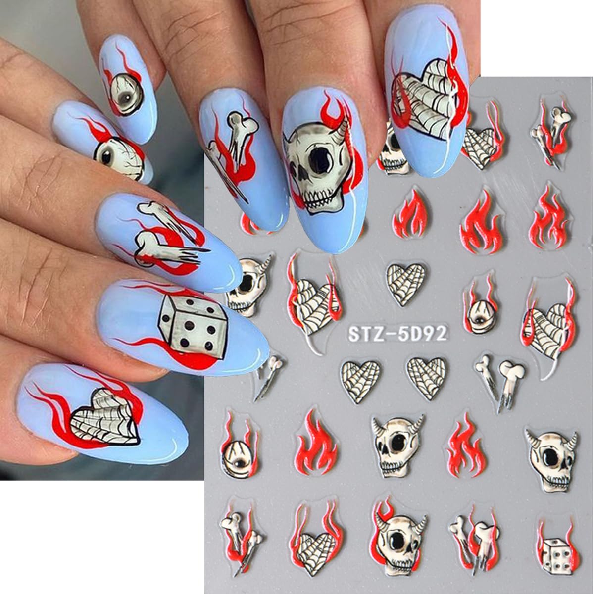 8 Sheets 5D Halloween Nail Stickers Horror Gothic Nail Decals Punk Nail Supplies Embossed Skull Clown Evil Eyes Lip Wing Bone Ghost Spider Web Halloween for Nail Art Stickers Women DIY Nail Decor