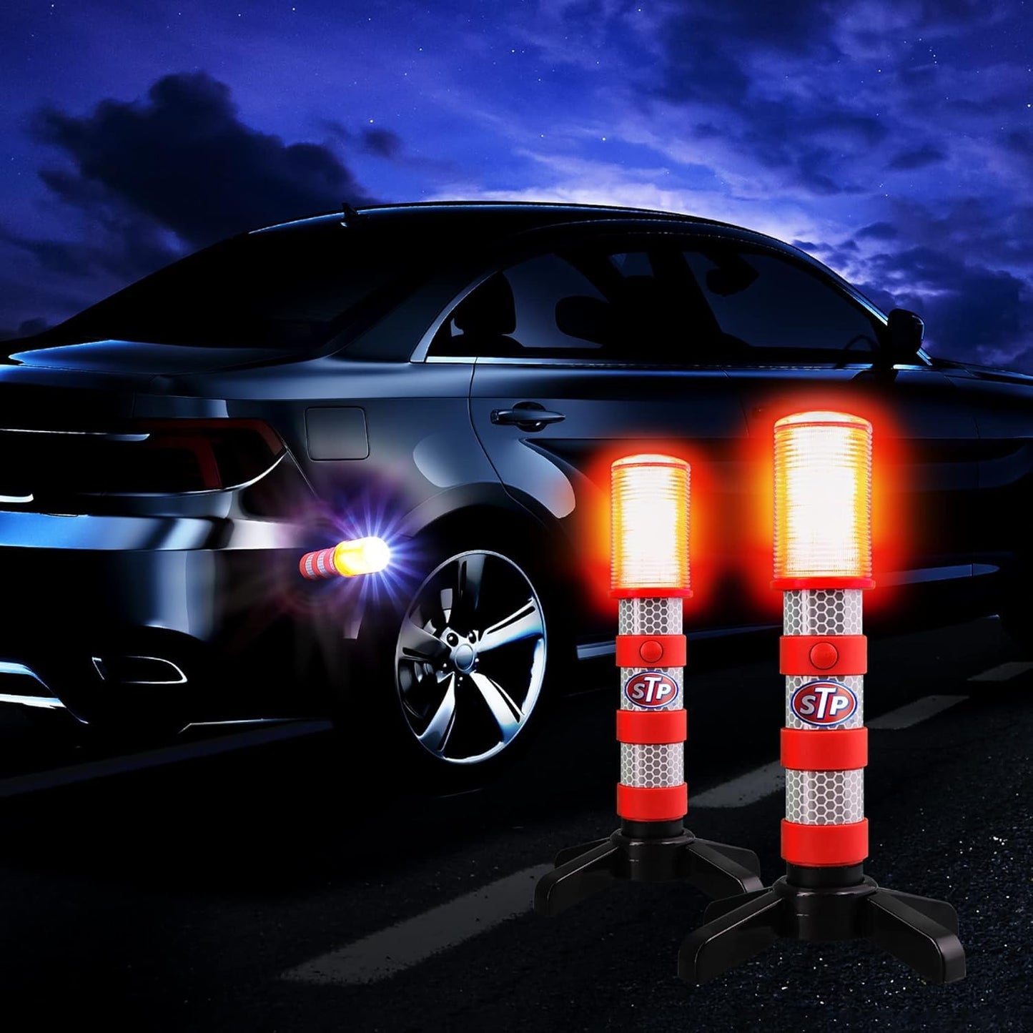 XTREME STP LED Road Flares, 3 Alert Lighting Modes: Flashing Red, Solid Red & White Flashlight, Emergency Flares for Vehicles, Visible From Up To A Mile, Foldable Stand/Built-In Magnet Sticks To Car