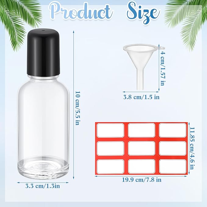 Sumind 12 Pcs 30ml Roller Glass Bottle Essential Oil with Stainless Steel Refillable Sample Container Brown Empty Roller Bottle Applicator with Funnel Sticker for Travel(Clear)