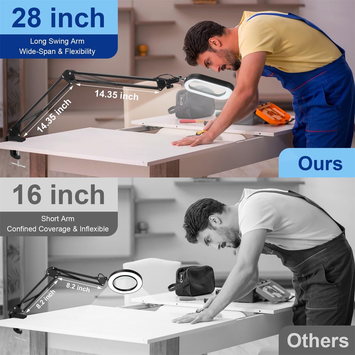 10X Large Magnifying Glass with Light and Clamp, Real Glass, 5 Color Modes, Stepless Dimmable, Lighted Magnifier with Stand Hands Free, LED Swing Arm Desk Lamp for Close Work, Craft, Reading, Painting
