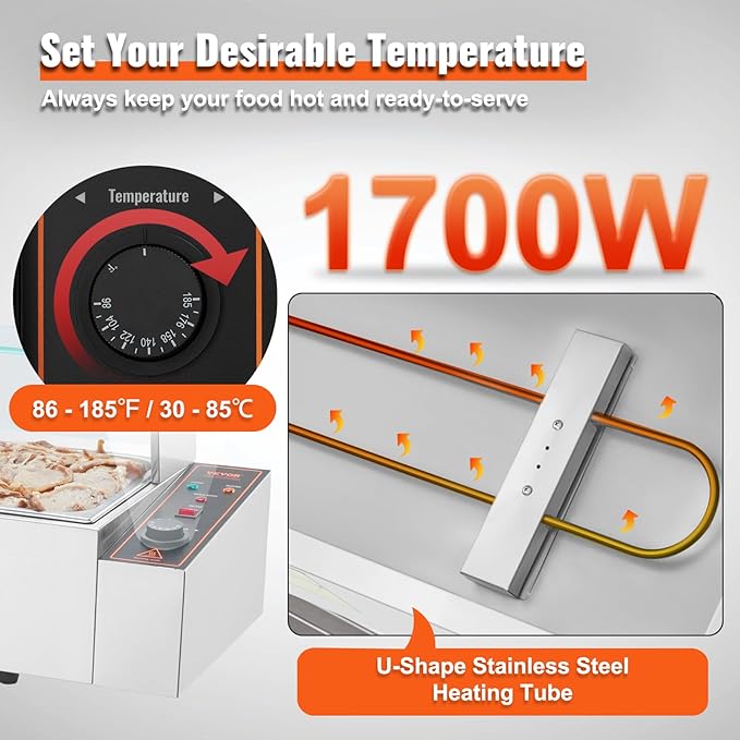 VEVOR 5-Pan Commercial Food Warmer, 5 x 12QT Electric Steam Table with Glass Cover, 1700W Countertop Stainless Steel Buffet Bain Marie 86-185°F Temp Control for Catering, Restaurants, Silver