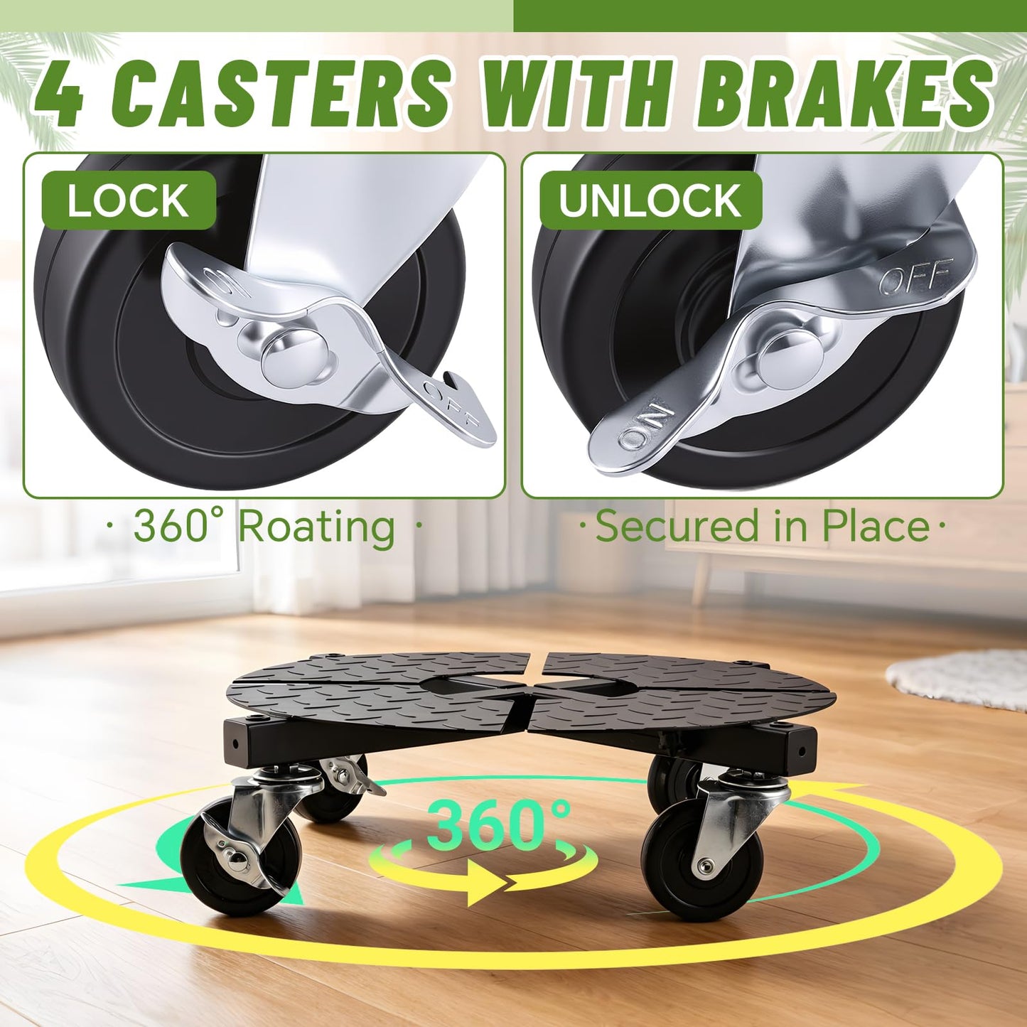 Plant Caddy with Wheels Heavy Duty, Adjustable 15-24 Inch Rolling Plant Stand with Lockable Casters, 440 Lbs Capacity Large Pot Roller Base Dolly Cart for Indoor Outdoor Use, Flower Pots, Planters