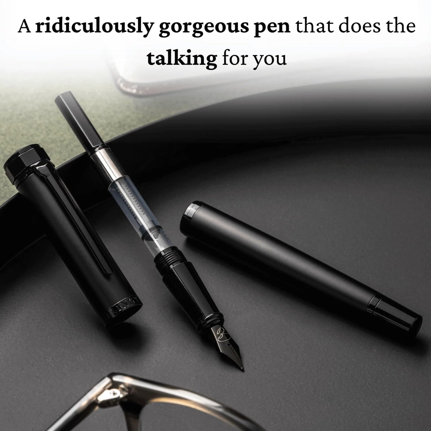 Ellington Pens Luxury Fountain Pen Set - Smooth Medium Nib - Includes 3 Ink Cartridges, Refillable Ink Converter, Gift Box - Fountain Pens For Writing, Calligraphy, Journaling, Sketching (The Stealth)