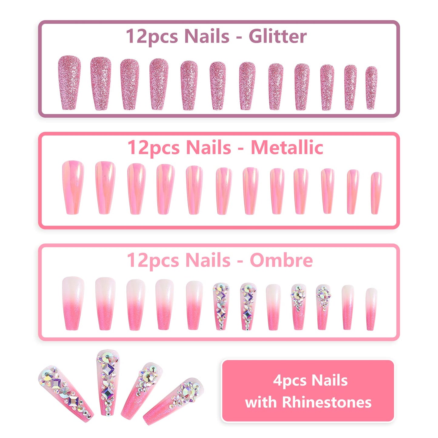 Artquee 36pcs Pink Ombre Crystal Press on Nails with 3D Rhinestones Mixed Pink Metal and Glitter Glossy False Nails Long Ballerina Coffin Flash Fake Nail Tips Manicure for Women