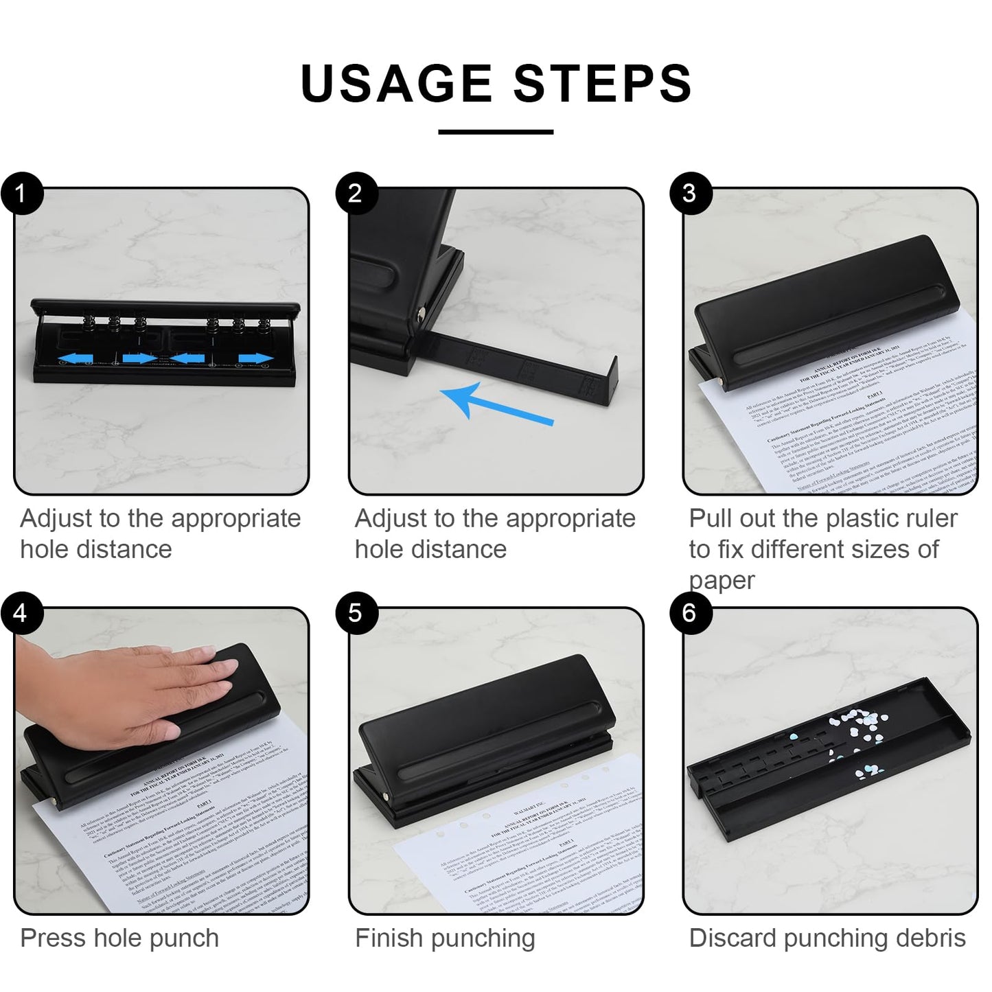 Adjustable 6-Hole Punch - Metal Hole Puncher for A4/A5/A6, Personal & Pocket Planners - 6-Ring Binder Puncher 6-Sheet Capacity, Non-Slip Base, with Ruler & Hole Guide (Black)