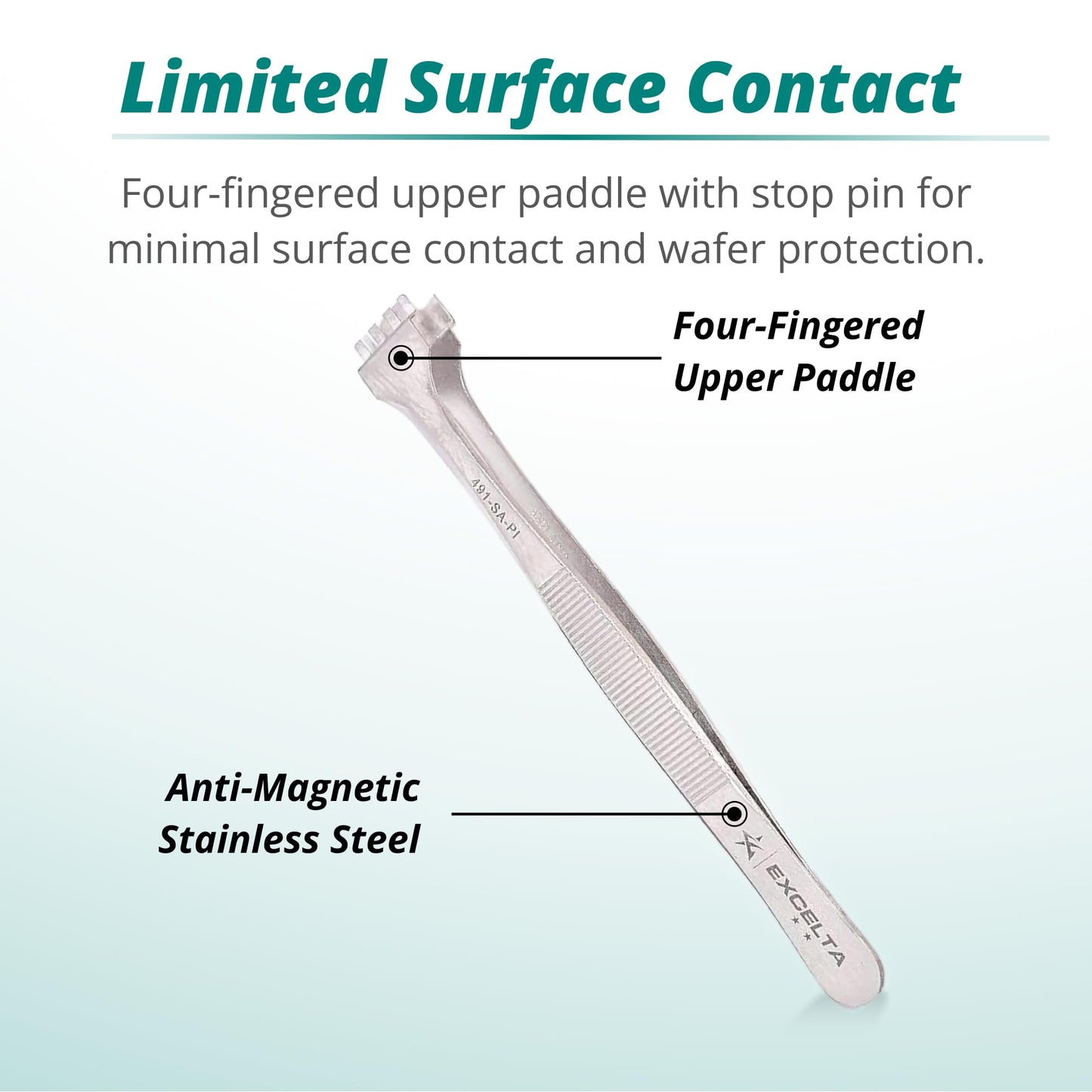Excelta Wafer Tweezers for 4" Wafers, 5" Fingered Paddle with Guide Pin, Anti-Magnetic Stainless Steel, Features Serrated Handles for Better Control, Intermediate