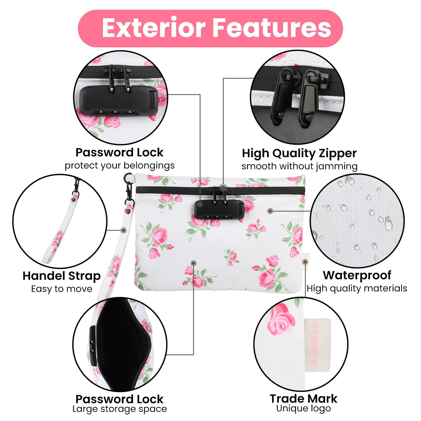 Aobelan Pink Rose Travel Pouch - Waterproof with Combination Lock, 8 Accessories and Gift Box