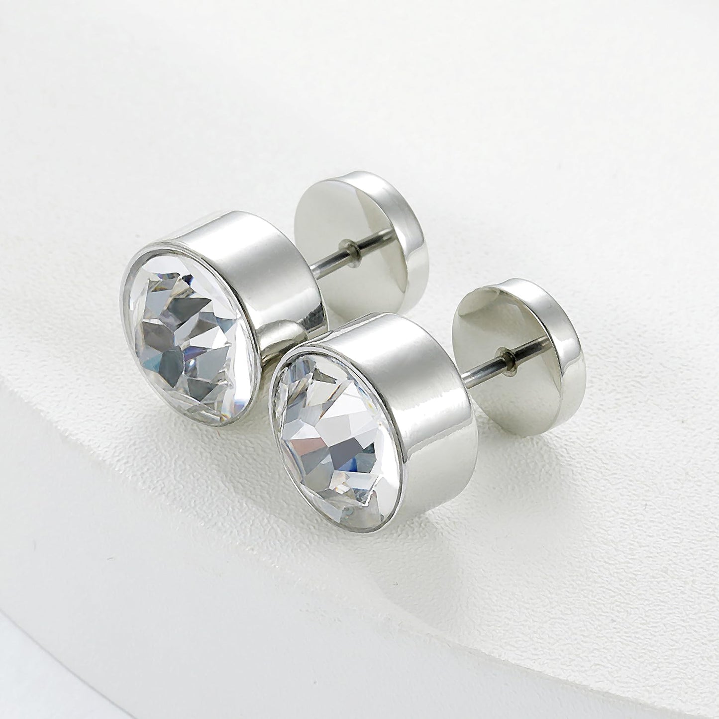 VOLUKA Titanium Earrings Screw Flat Back Earrings Studs Hypoallergenic for Sensitive Ears Cubic Zirconia Created Quartz Punk Dot Disc Barbell Stud Earrings-9mm CZ