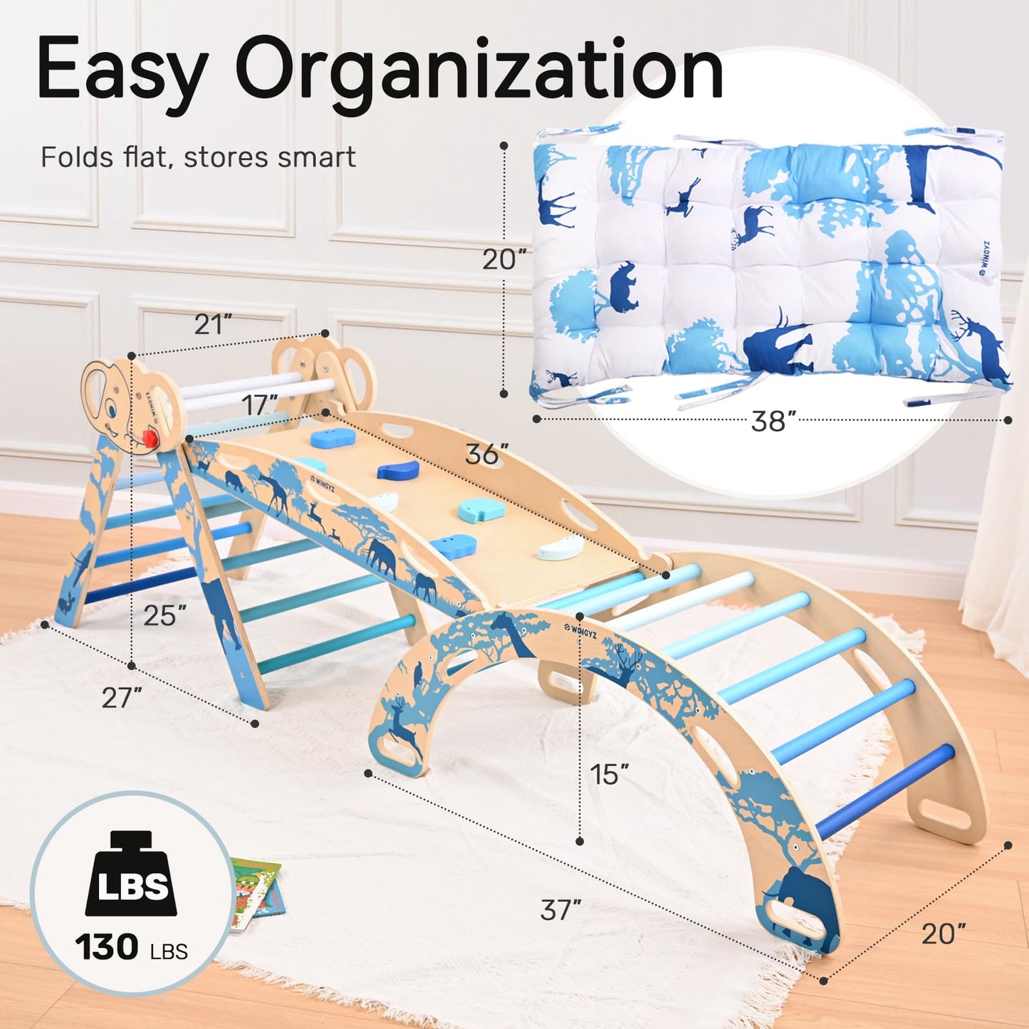 WINGYZ Pikler Triangle Set, Montessori Foldable 8-in-1 Jungle Gym with Reversible Animal Slide, Patent-Protected Climbing Set, Safe 2.35" Gap ASTM F963 Standards for Toddlers 18 Months-7 Years (Blue)