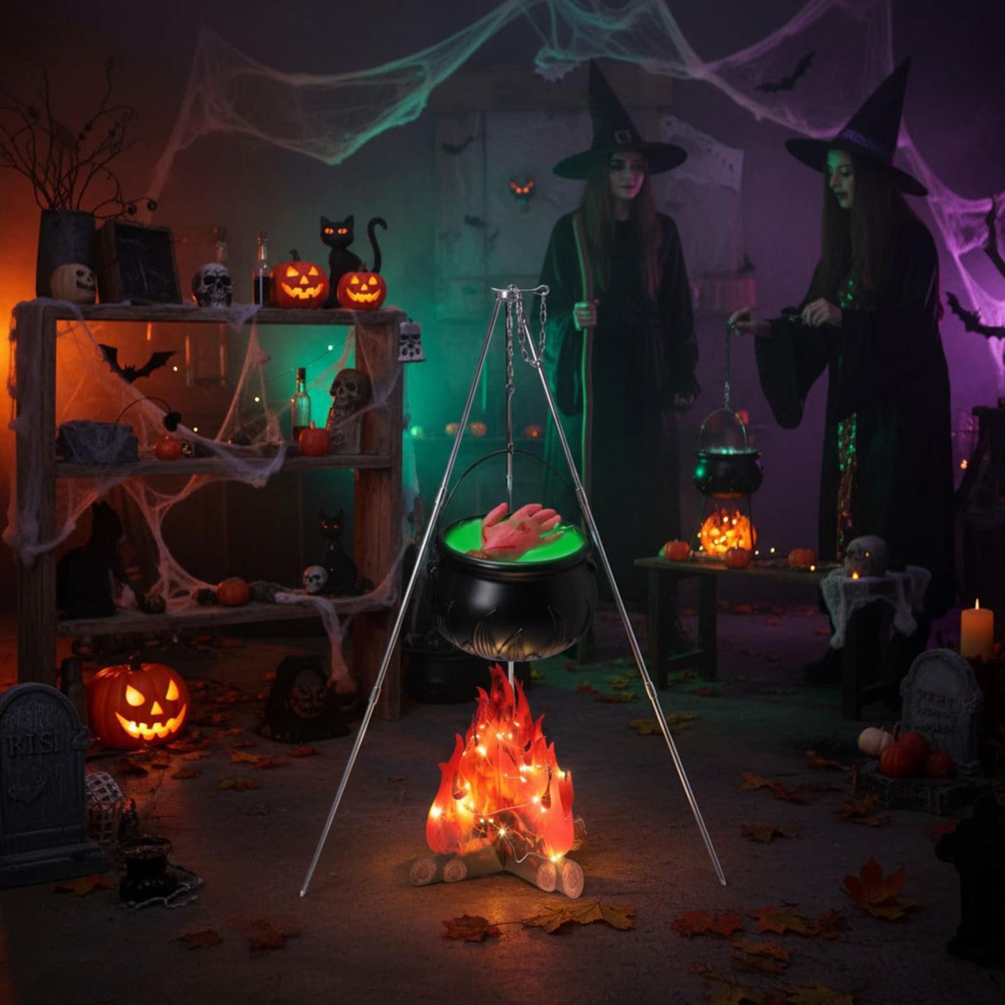 WinnerWhy 9 Pcs Large Witches Cauldron Halloween Decor Set Cauldron on Tripod with Spider Webs Fake Fire String Lights Fake Hand for Halloween Indoor and Outdoor Party Supplies