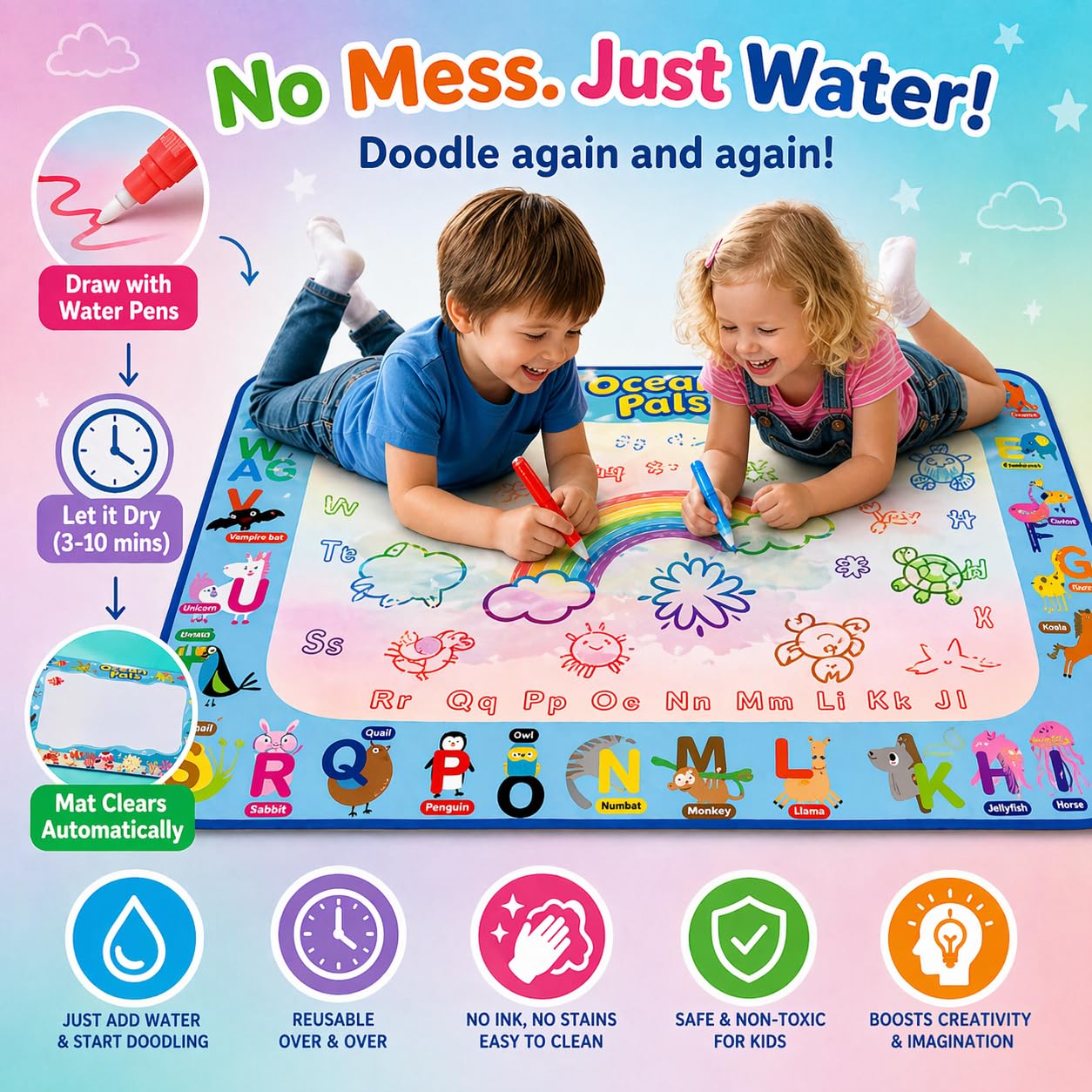 ANIMOLDS Water Doodle Mat for Kids, Large 40 x 32 Aqua Magic Reusable Drawing Mat, Mess Free Coloring & Writing Toy, Educational Gift for Toddlers Boys Girls