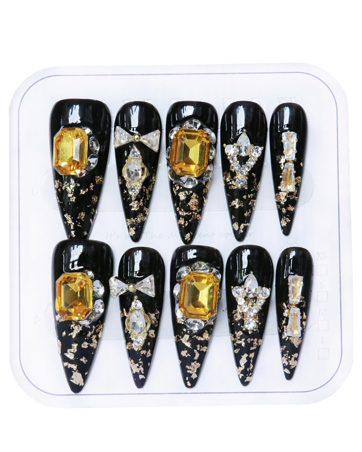 CAMILCY Luxury Handmade Press on Nails Black Gold Stiletto Glossy Reusable Long Fake Nails with Gold Foil Salon Quality Elegant Acrylic Artificial Nails for Women 10pcs(A020, S)
