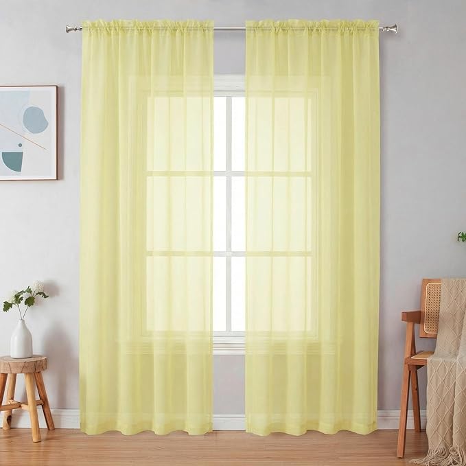 Simplebrand Light Yellow Sheer Curtains 84 Inches Long, Light Filtering Rod Pocket Solid Color Window Sheer Curtain Panels, Elegant Curtains & Drapes for Living Room, Bedroom 2 Panels 42" W x 84" L