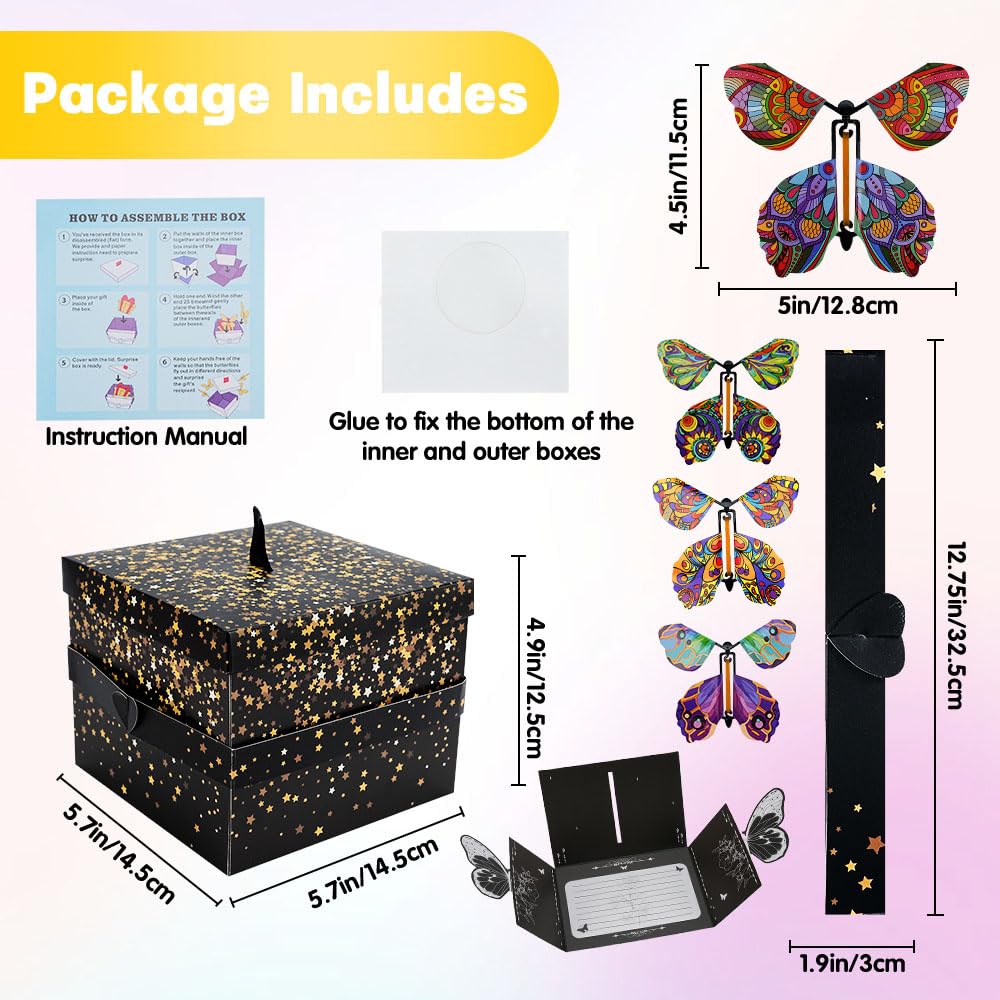 WCHOSOZH Surprise Explosion Gift Box with 4Pcs Flying Butterflies, Exploding Gifts Box with Congratulation Card, Butterflybirthday Surprise Boxes for Birthday Wedding Anniversaries Party Mothers Day(Black)