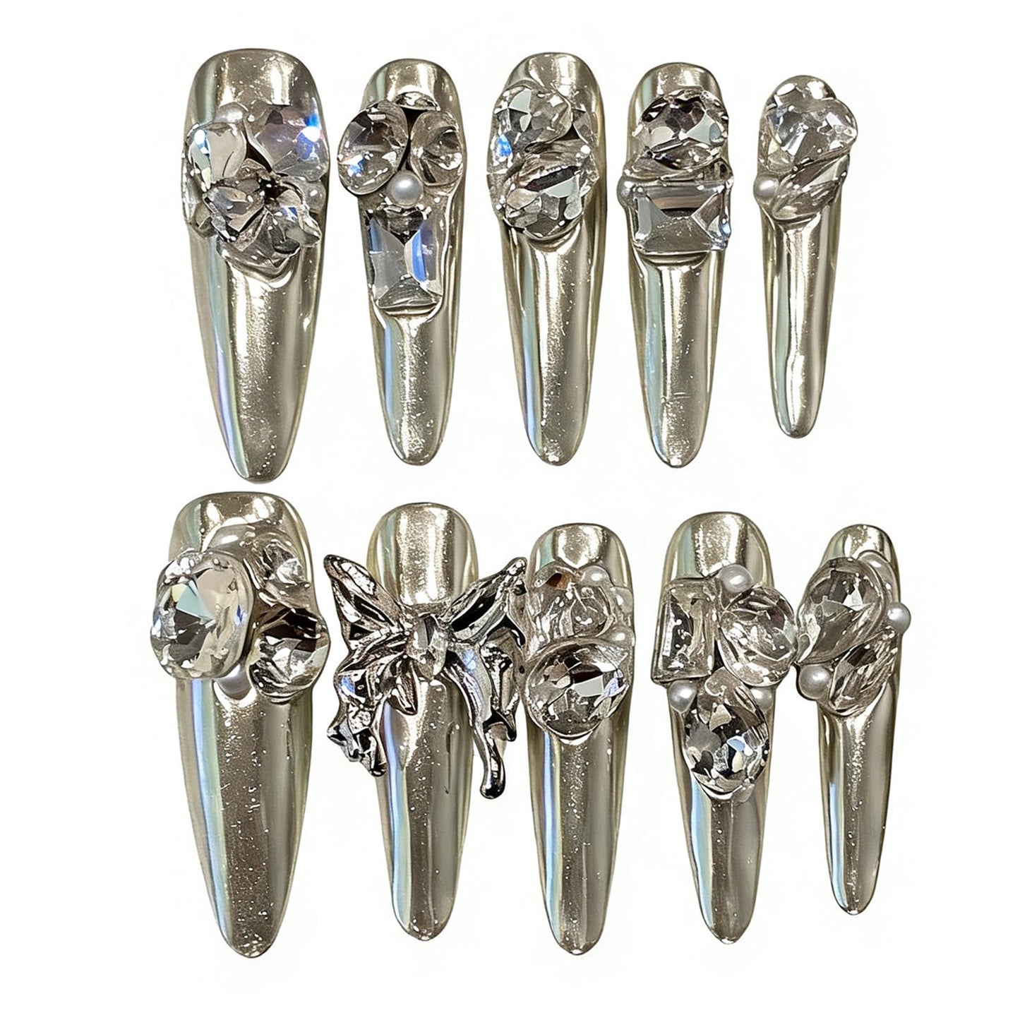 Handmade Press on Nails Stiletto Full Diamond Butterfly Metal Decoration on Long Pointed Magic Mirror Silver Sweet and Cool Retro Handmade Stiletto Press on Nails 3D Luxury Press on Nails（M）