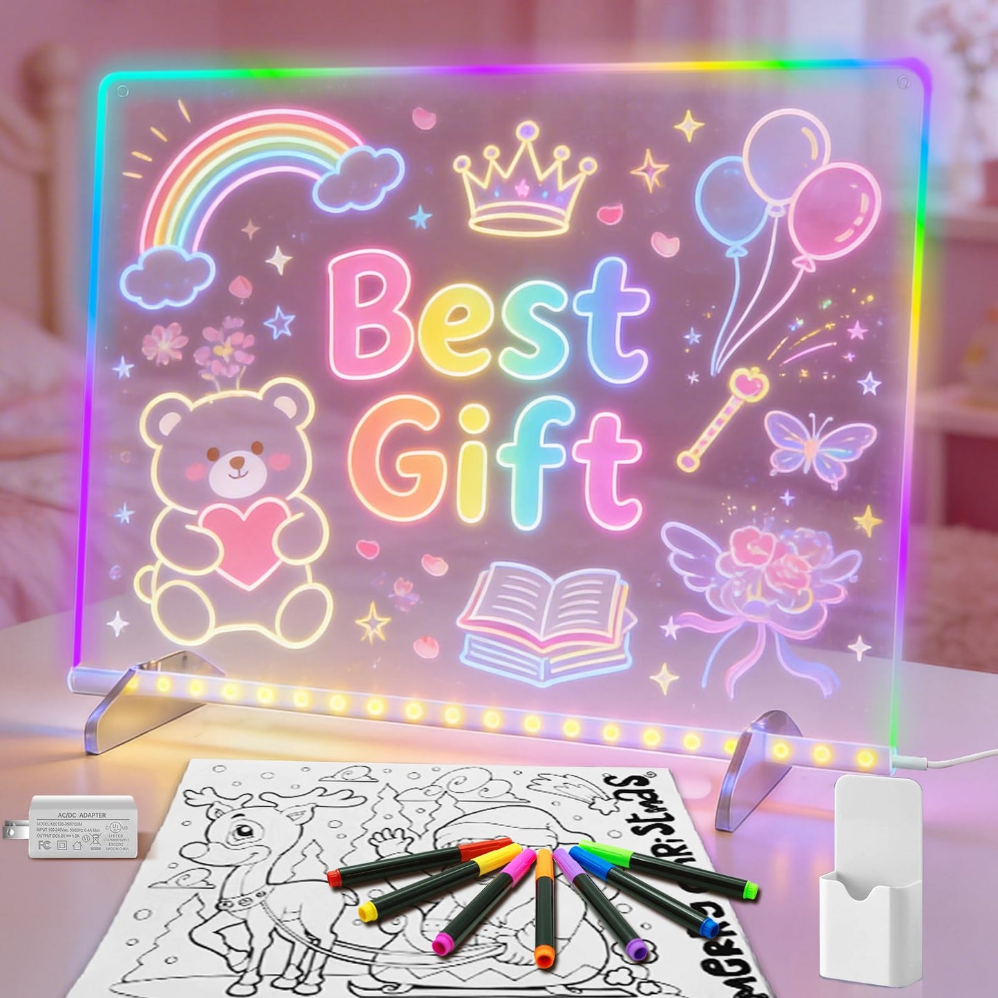 LED Note Board with 7 Colors, Includes Adapter, 13"x10" Led Drawing Board for Kids, Light Up Dry Erase Boards with 7 Markers, Soft Cloth, Hanging Chain, Holiday Trend Gift