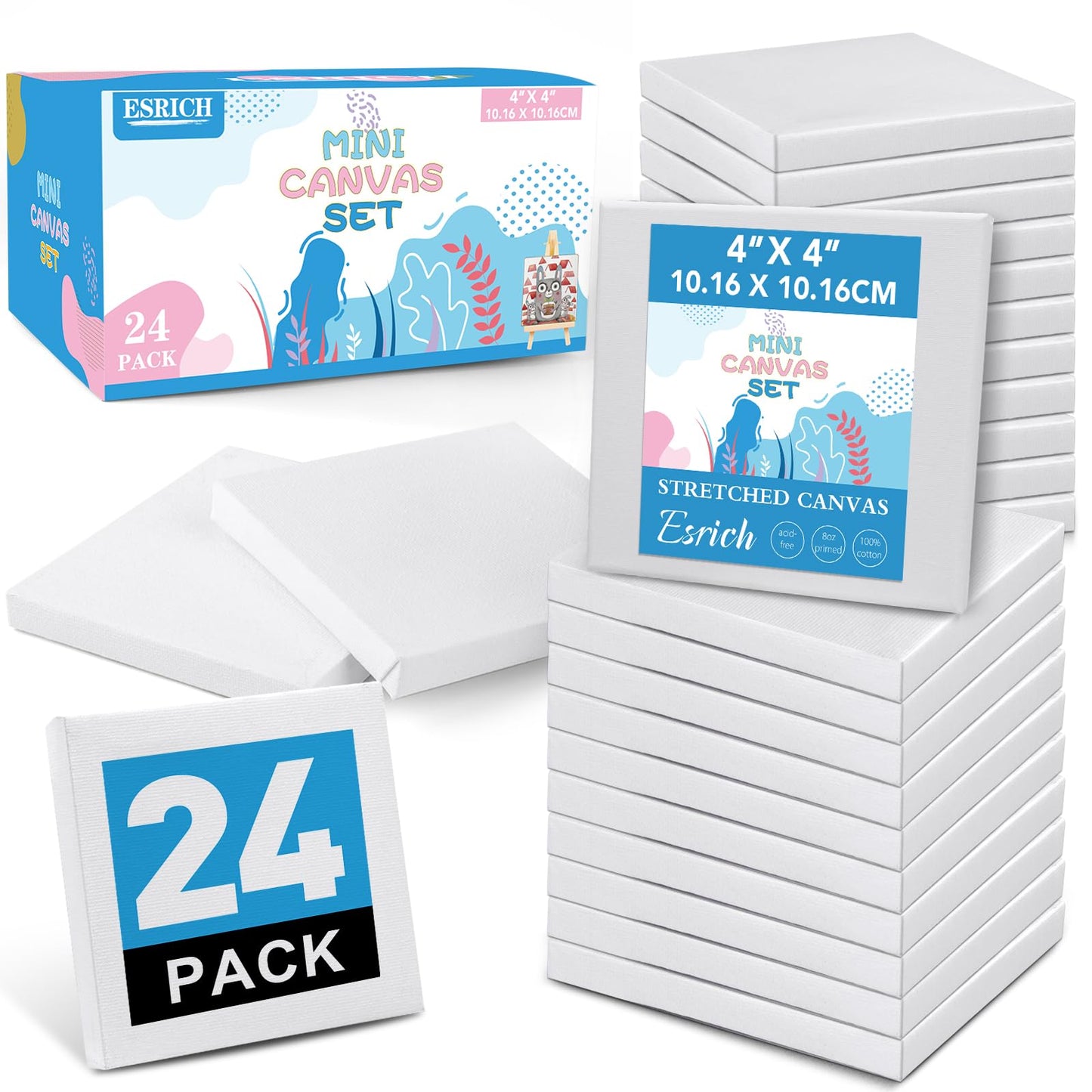 ESRICH Mini Canvases for Painting,4x4In Canvas in Bulk 24Pack, 2/5In Profile Small Square Canvas, Blank Canvases are Great for School Projects and Kids Birthday Parties, Home Decor Project.