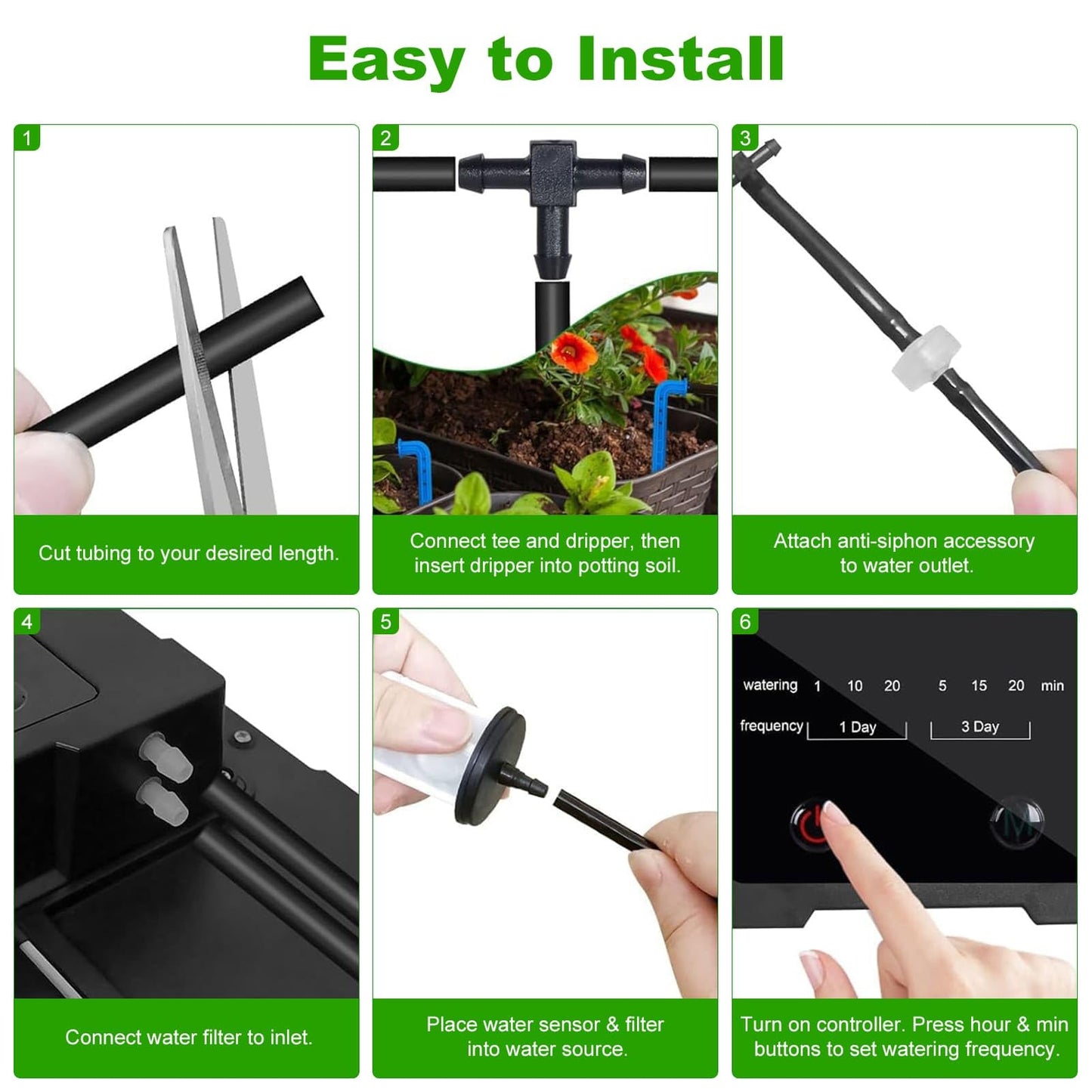 Solar Automatic Drip Irrigation Kit System, 50FT Solar Powered Auto Easy DIY Watering Device Supported Pots Plants, 6 Timing Modes with Anti-Siphoning Device