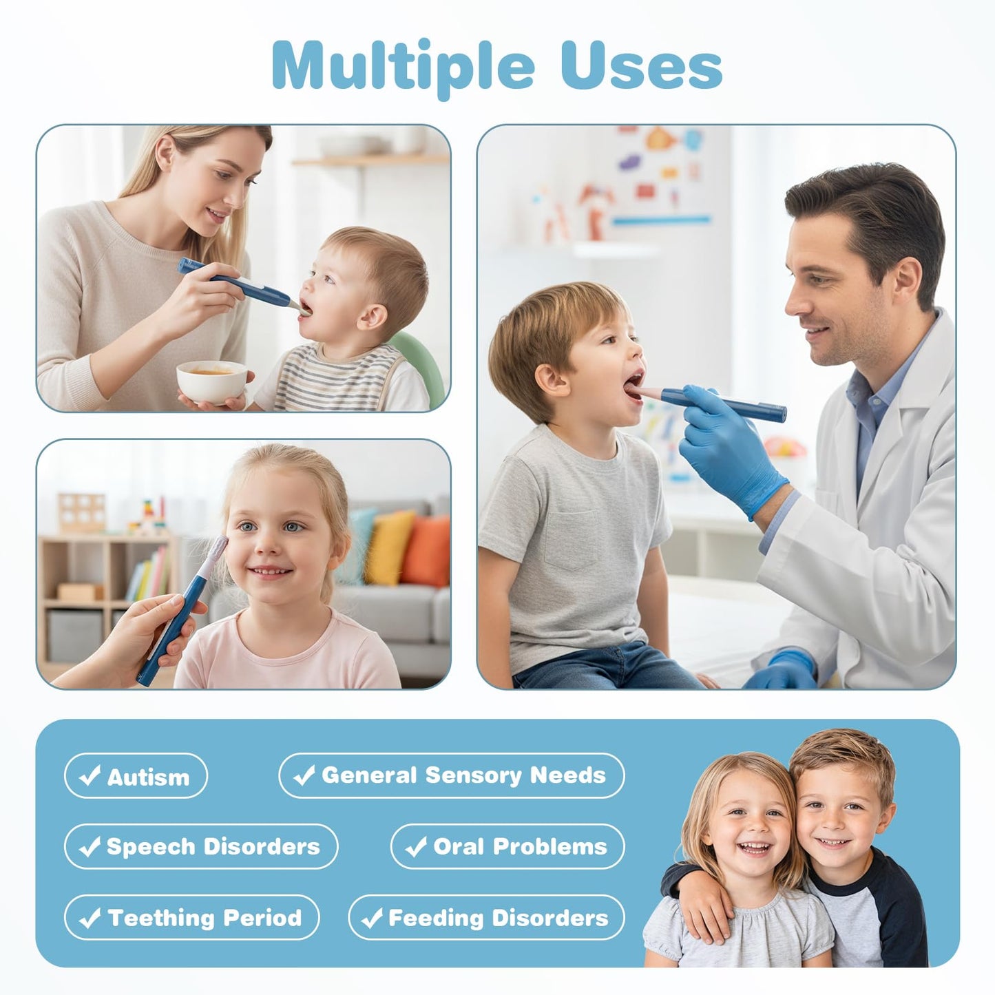 Joyreal Rechargeable SensoryBuzz Oral Motor Vibration Kit with 7 Textured Silicone Heads - 4 Modes Vibrating Teether Autism Sensory Products for Speech Therapy, Stimulate Self Feeding, Sensory Needs