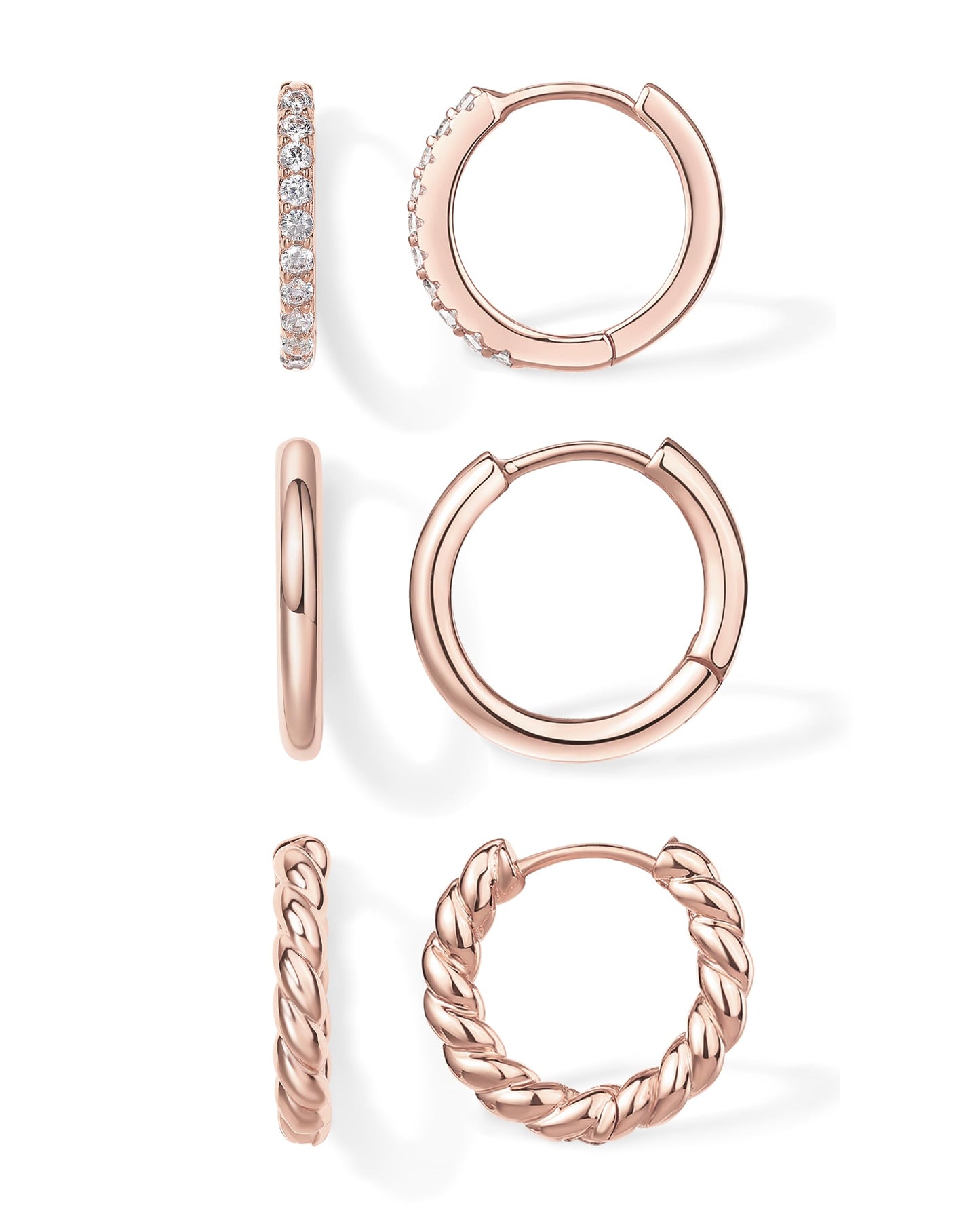 PAVOI 18K Rose Gold Plated 925 Sterling Silver Posts 3 Pairs Small Hoop Earrings for Women - Cubic Zirconia Plain Rope Huggie Pack - Lightweight Set