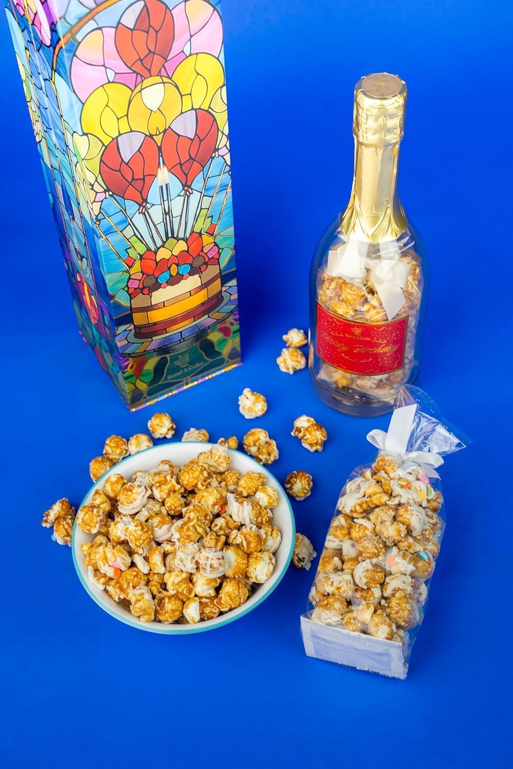 Birthday Bubble Box with Caramel White Chocolate Popcorn by Send A Cake, Ready to Gift, No Assembly Required - Happy Birthday Surprise - Unique Gift for Women, Men, Adult, Kids