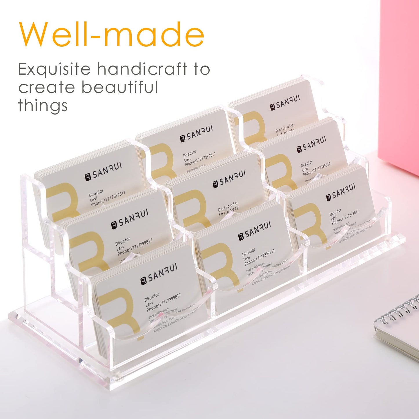 SANRUI Clear Horizontal Business Card Holder Stand for Desk, Acrylic Desktop Display Name Cards Holders Organizer Storage Rack,for Exhibition, Home, Office,3 Tier 9 Pocket, 540 Card Capacity