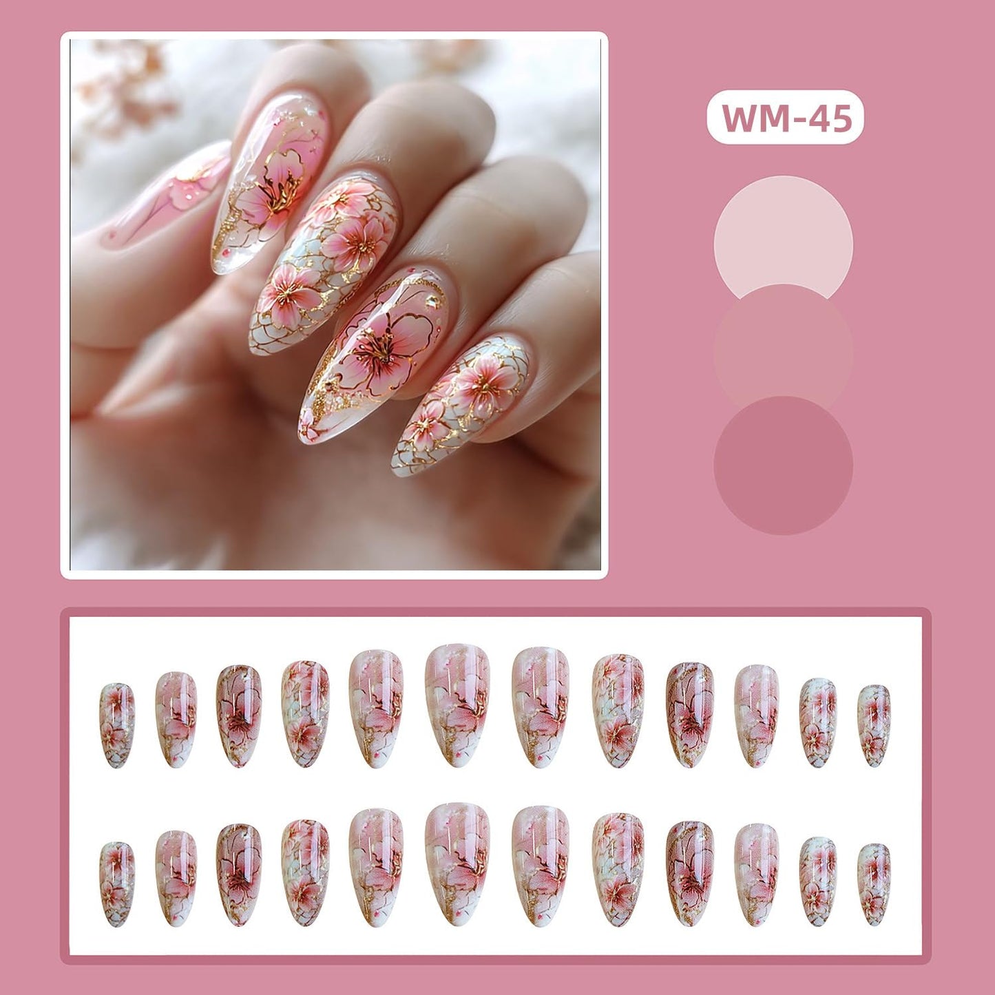 CJDLTS Flower Press on Nails Medium Almond Pink Floral Pattern Design Full Cover Glossy Acrylic Fake Nail Blossom Stick on Nail 24Pcs Reusable Press Ons Glue on Nails for Women