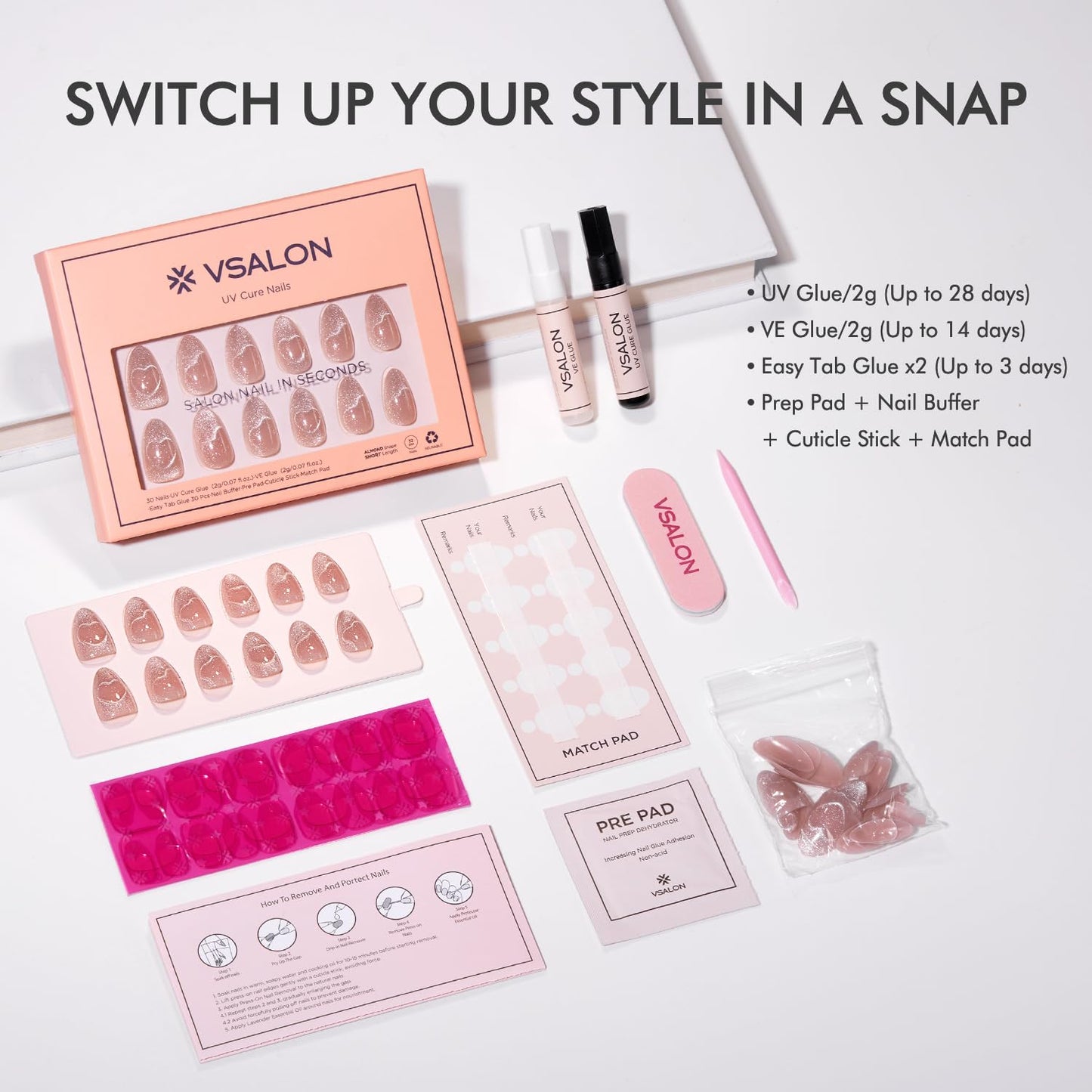 Vsalon Press On Nails Short Almond, Purple Cat Eye & Nude Pink Cat Eye Press On Nails