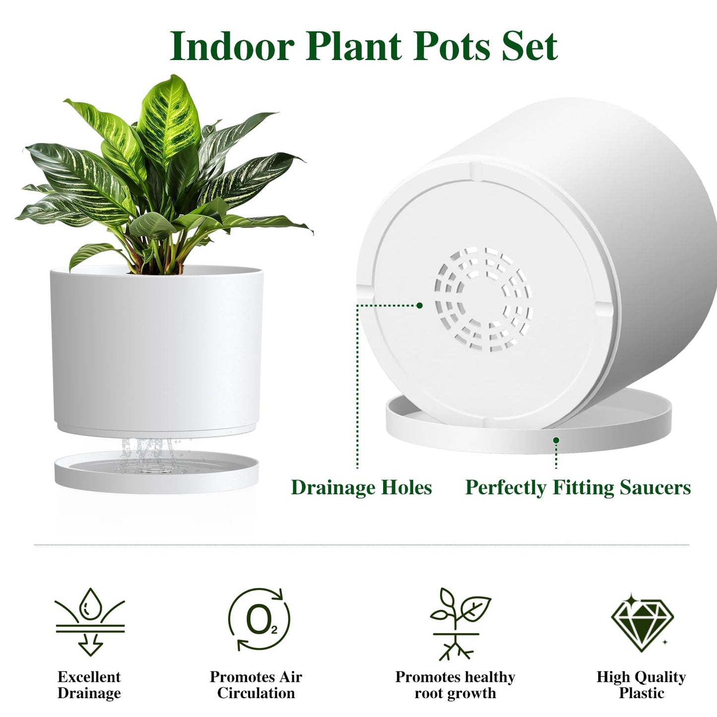 KUGAZ Plant Pots, 10/9/8 Inch 3 Pack Cylindrical Flower Pots with Drainage Holes and Saucers, Plastic Planters for Outdoor Indoor Plants,White