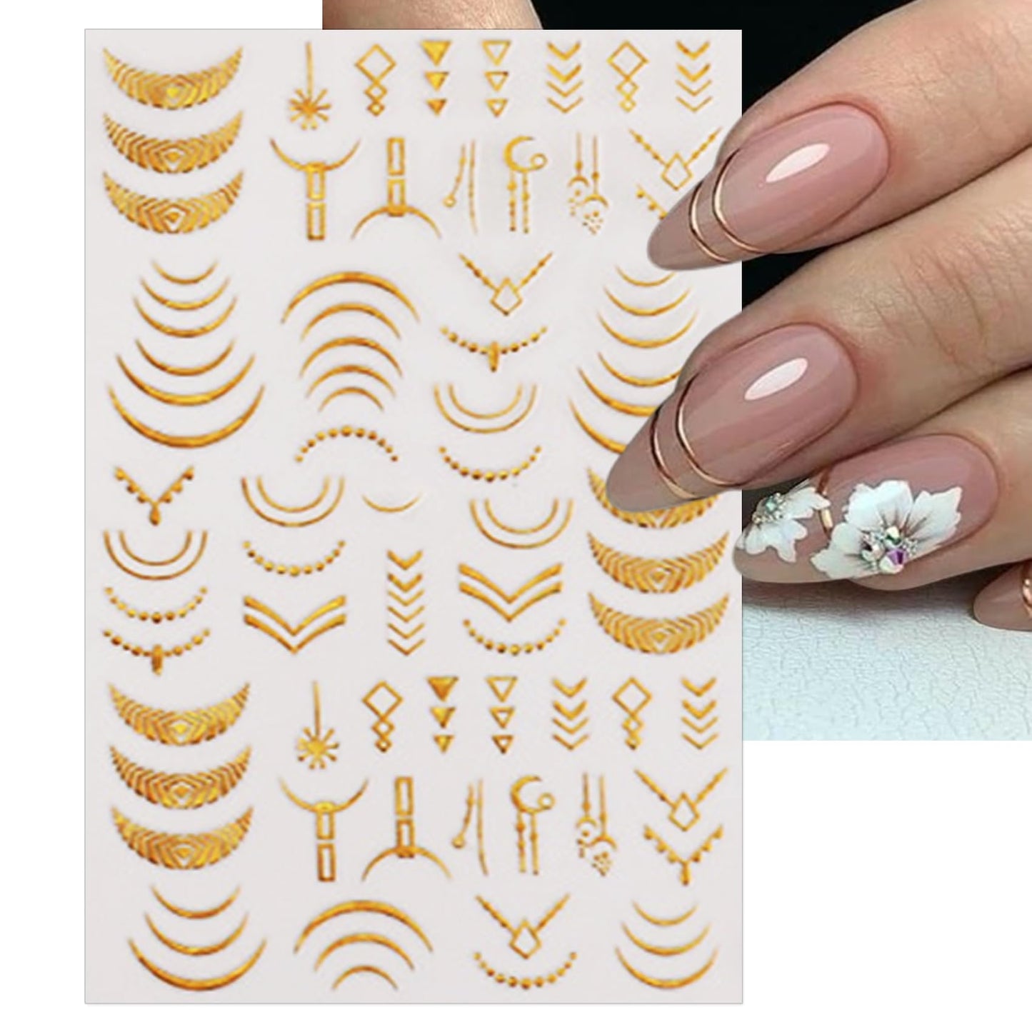 IDDFEVE Gold Leaves Nail Art Stickers - Minimalism Geometry Line Self-Adhesive 3D Nail Decals for DIY Golden Manicure(10 Sheets)