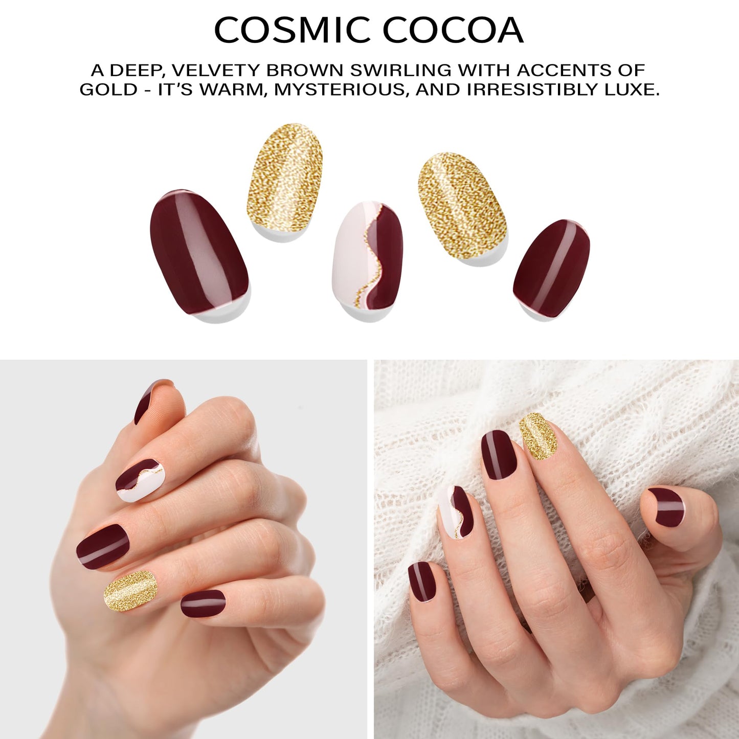Semi-Cured Gel Nail Strips - 20 Salon-Quality Gel Sticker with UV Light Required, Long Lasting, Easy Application & Removal, Includes Prep Pad, Nail File, Wooden Stick (Cosmic Cocoa)