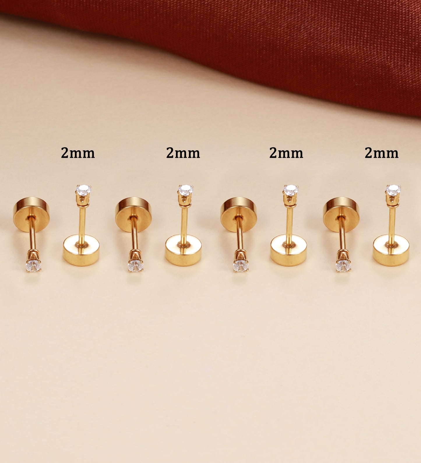 TUPMI 4Pairs 2MM Flatback Stud Earrings for Women Girls Tiny CZ Stud Earring Stainless Steel Hypoallergenic Handmade Screw Back Earrings Set