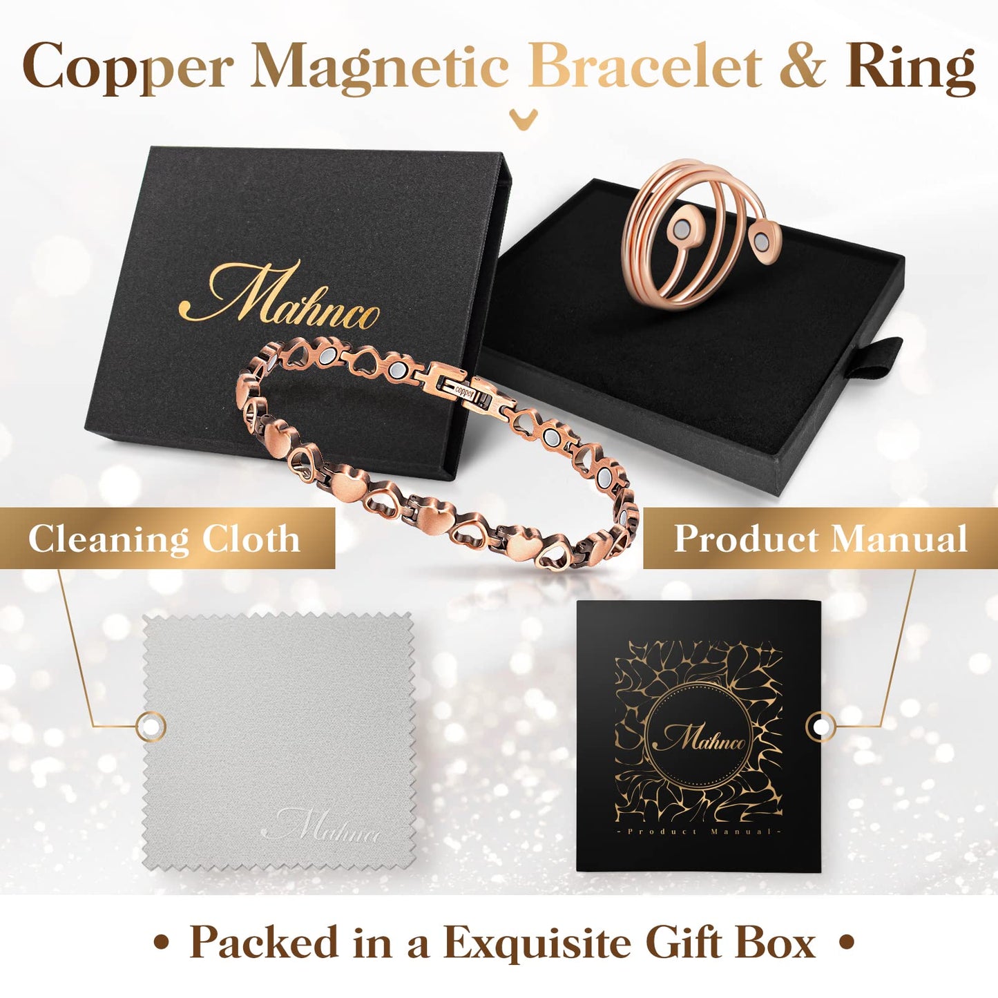 Magnetic Copper Bracelets for Women Lymph Detox Magnetic Bracelets, 100% Solid Pure Copper Bracelet with 3500 Gauss Magnets & Lymphatic Drainage Ring with Adjustment Tool