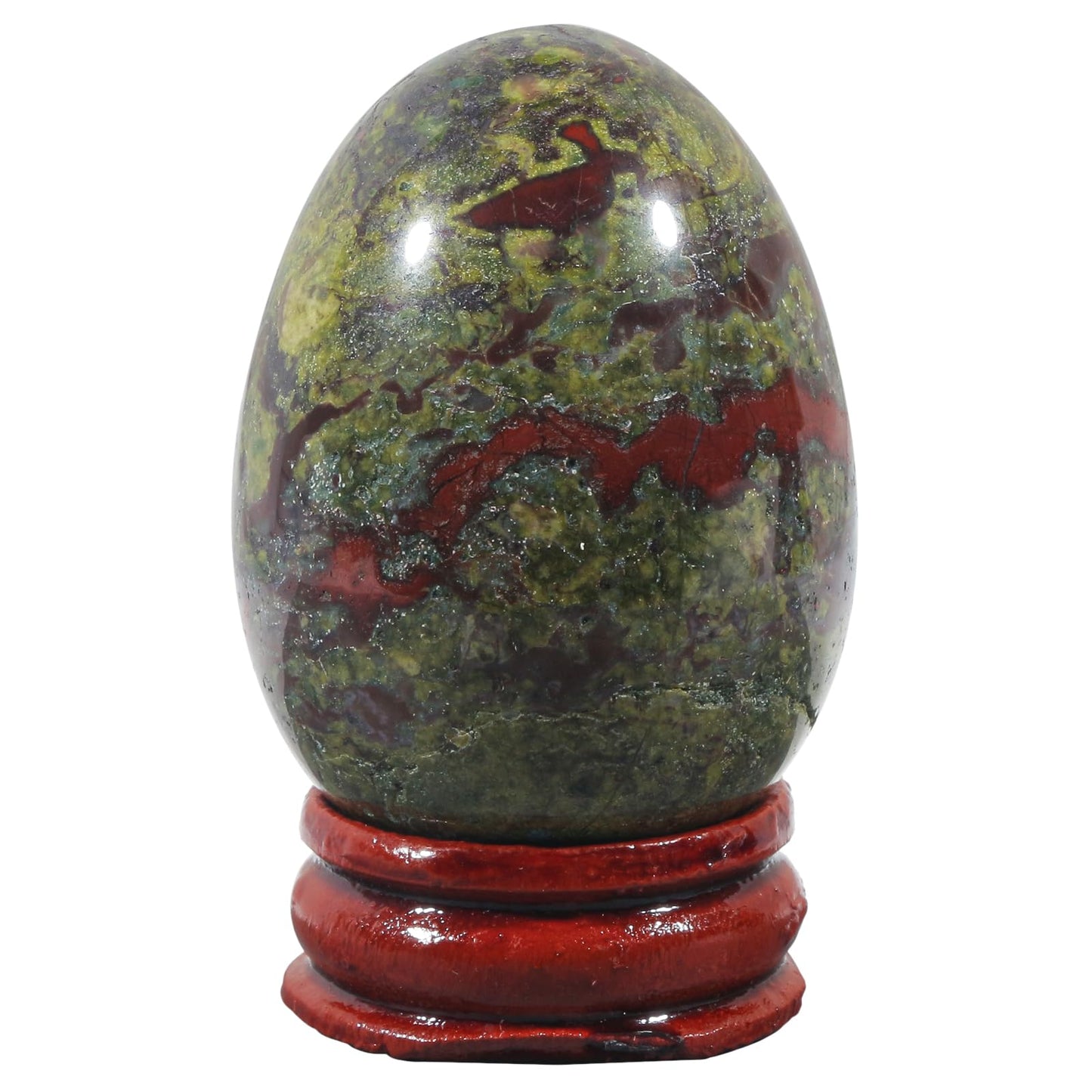 Fekuar Stone Egg Figurine, Polished Healing Crystal Easter Eggs Sphere Sculpture with Wood Stand, Natural Dragon Bloodstone, 1.8"