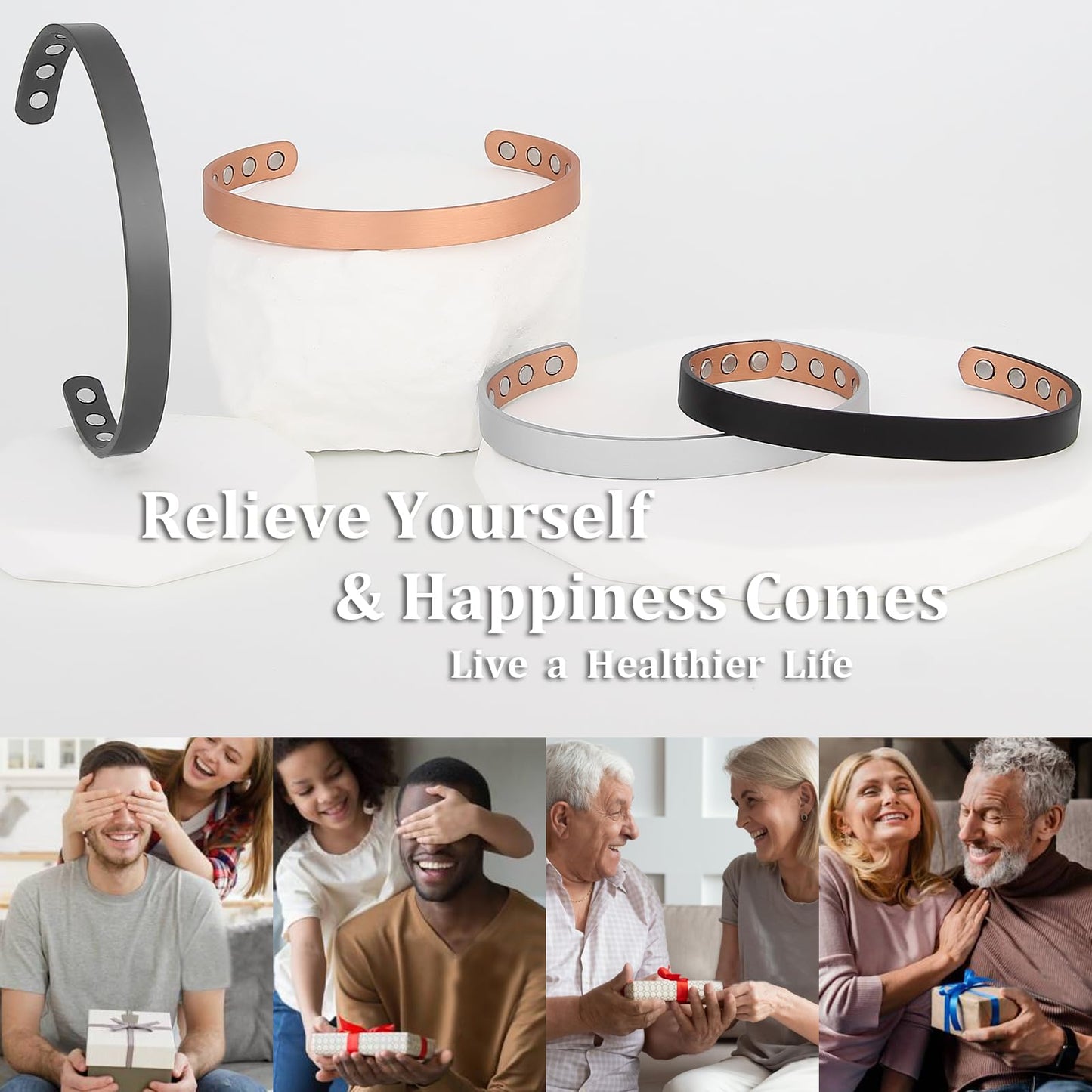 MagEnergy Copper Bracelet for Men and Women, 99.9% Pure Copper Magnetic Bangle with 8pcs 3500 Gauss Magnets, 6.8" Adjustable Jewelry Gift(2Pcs)
