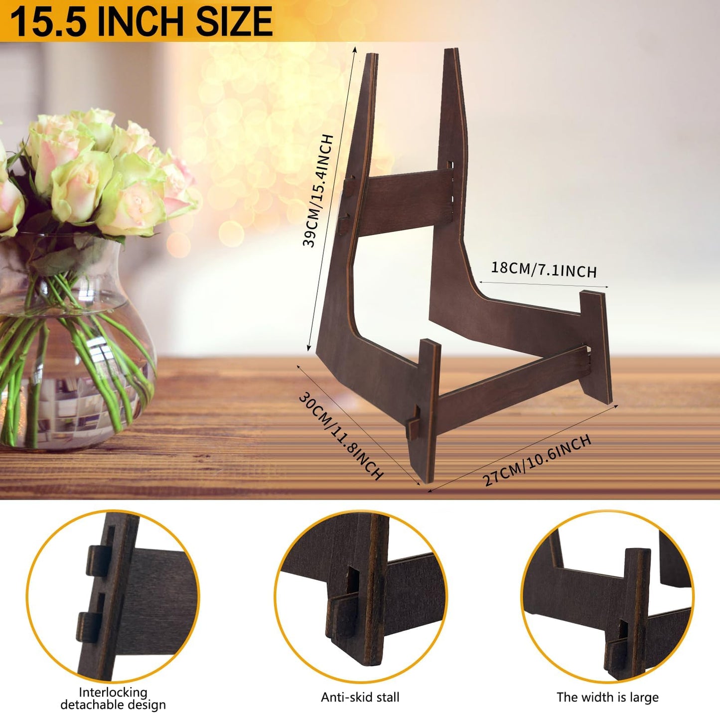 COLOOFO 15.5 Inch Large Plate Stands for Display, Wooden Picture Frame Stand, Decorative Easel Holder for Plates, Bowl, Plaque, Pictures, Books (1 Pack )