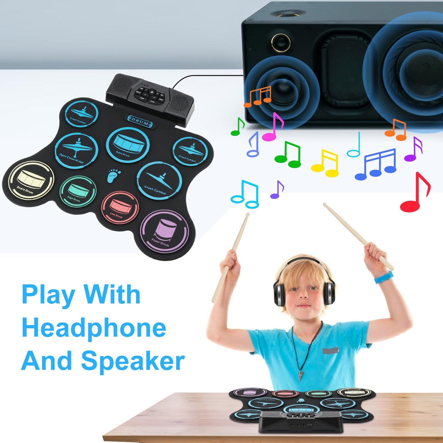 Electric Drum Set, 9 Pads Kids Drum Set, Roll-up Practice Drum Pad with Headphone, MIDI, Built-in Dual Stereo Speakers Drum Sticks Foot Pedals 10 Hours Playtime (9 pad Dual Stereo Speakers)