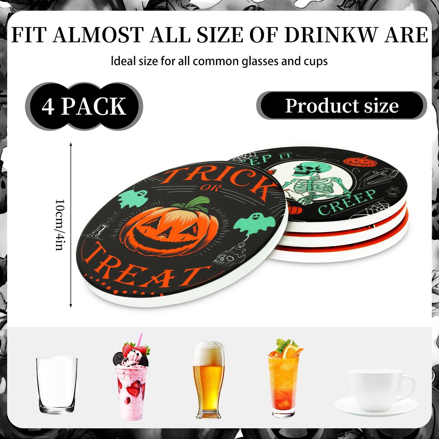 JarThenaAMCS 4Pcs Halloween Coaster with Holder Pumpkin Ghost Black Cat Skeleton Anti Slip Drink Coasters Black Orange Green Absorbent Ceramic Coasters for Home Decor Table Protection