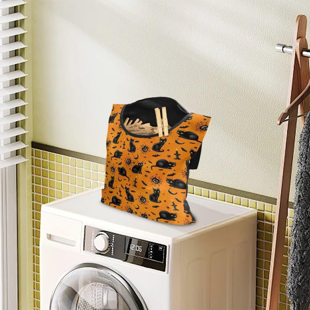Black Cat Clothespin Bag Orange Clothespin Storage with Hanger Hook Canvas Clothespins Bag with Large Opening Space