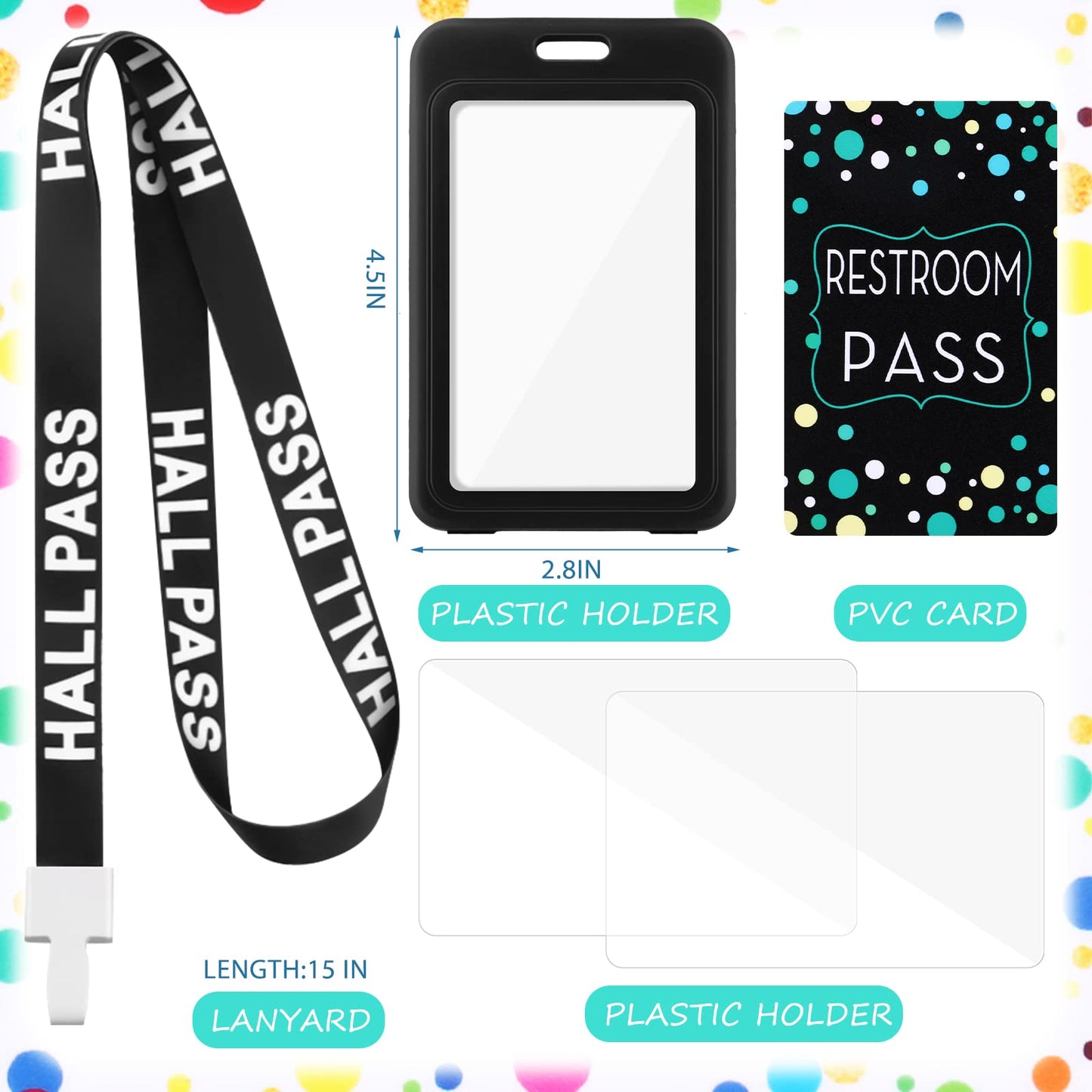Tatuo 16 Pcs Hall Pass Lanyards Card Passes Set Vertical Bathroom Pass Restroom Unbreakable Gift for Teacher Nurse Library Office(Black)