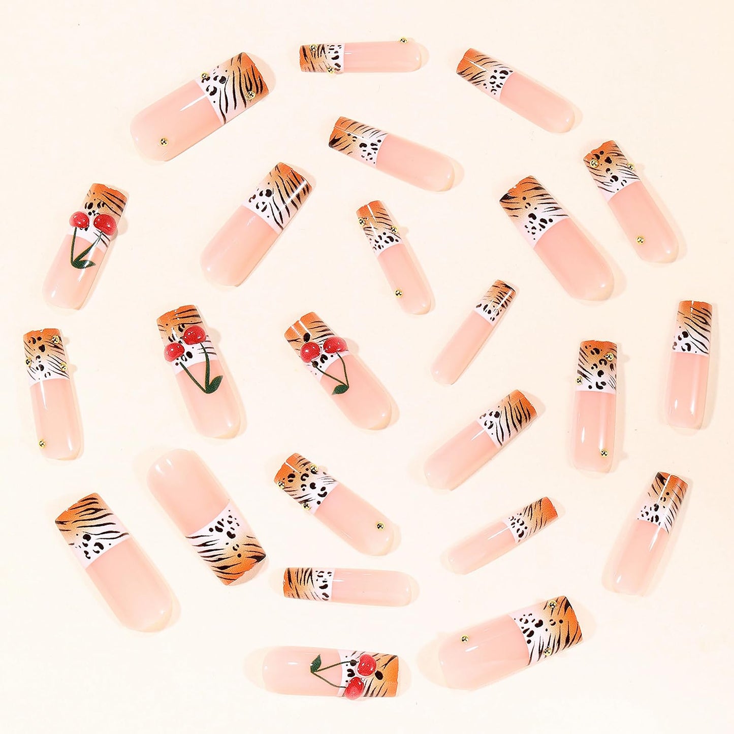 MISUD Press on Nails - Long Square Fake Nails with Orange Ombre, Acrylic Animal Cherry Design 24 pcs
