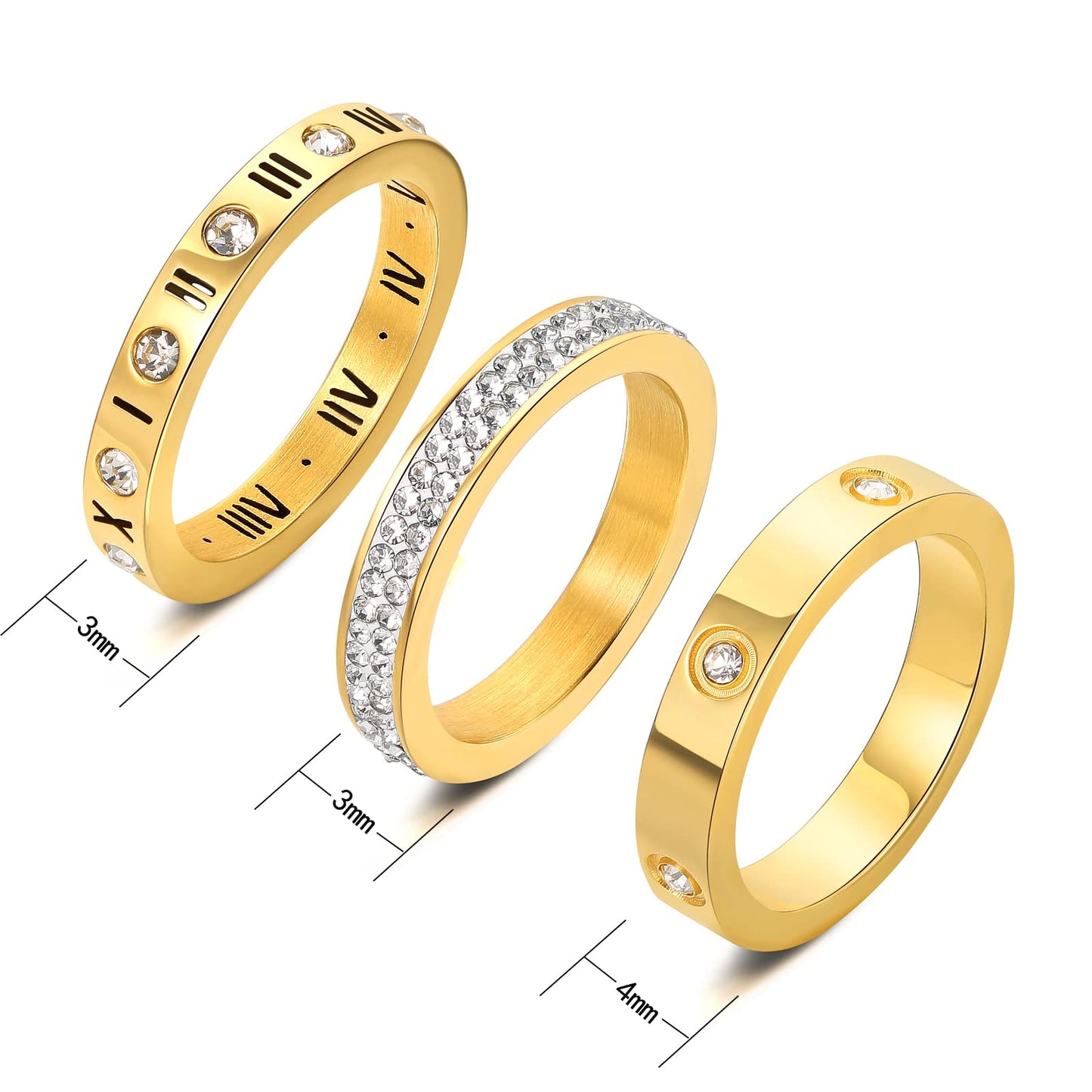 YIKOXI 3pcs Love Friendship Lucky Ring Cubic Zirconia Gold Ring Sets for Women Stainless Steel Wedding Statement Thumb Ring Bands (Gold, 9)