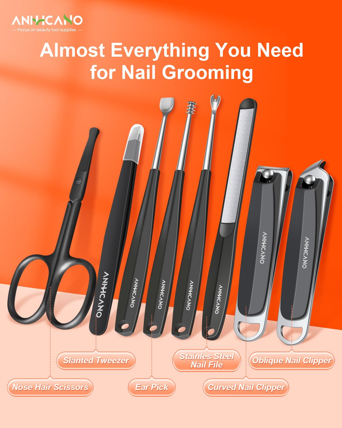 Manicure & Pedicure Kit for Men & Women, ANIHICANO 8-in-1 Premium Stainless Steel Personal Care Tools Set with PU Leather Case, Travel-Friendly for Home & Professional Use (Black)