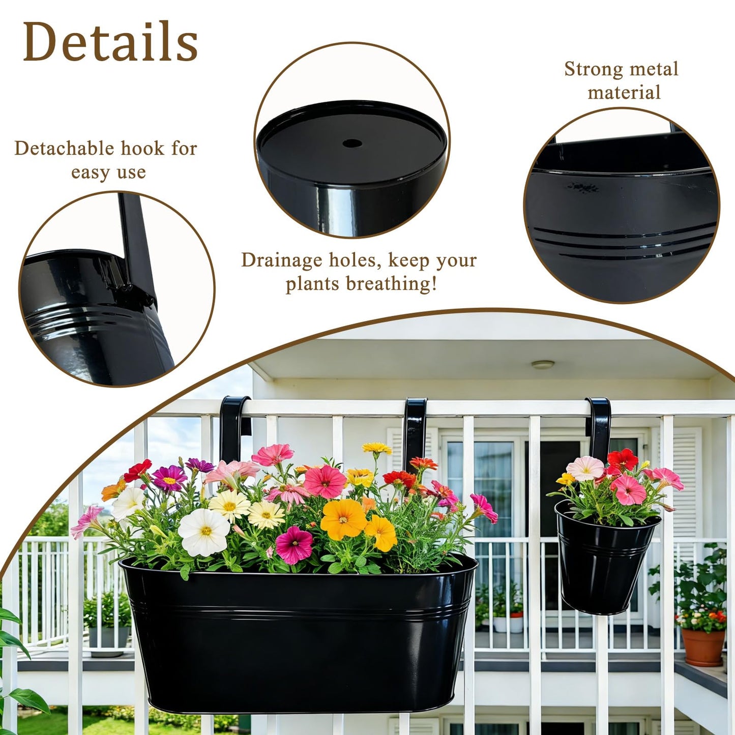 Joyfernal Set of 4 Outdoor Metal Railing Planters Box - 2 Pcs 5.12" Round Balcony Hanging Planter & 2 Pcs 17" Oval Fence Pot with Detachable Hooks Drainage, Black