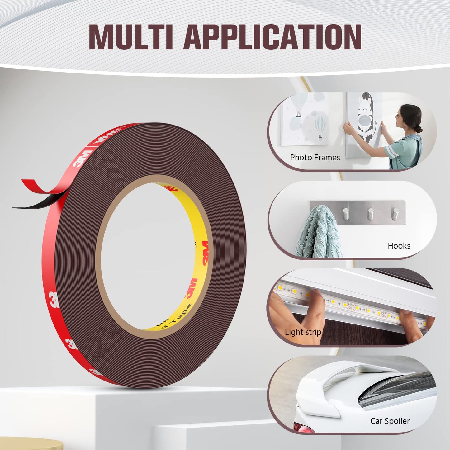 Double Sided Tape, Heavy Duty Mounting Tape Waterproof Foam Tape, 32FT Length, 0.39IN Width for LED Strip Lights, Home/ Office Decor, Made of 3M VHB Tape