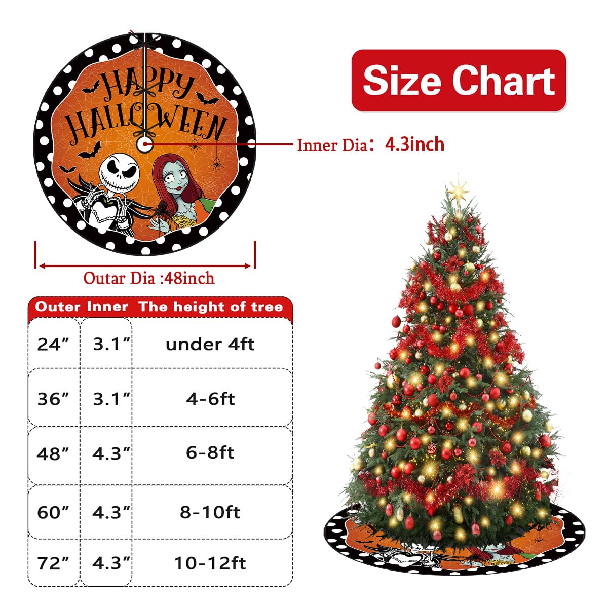 Halloween Tree Skirt 48 Inch Pumpkin Ghost Spooky Skeleton Tree Collar Halloween Decorations for Home Party