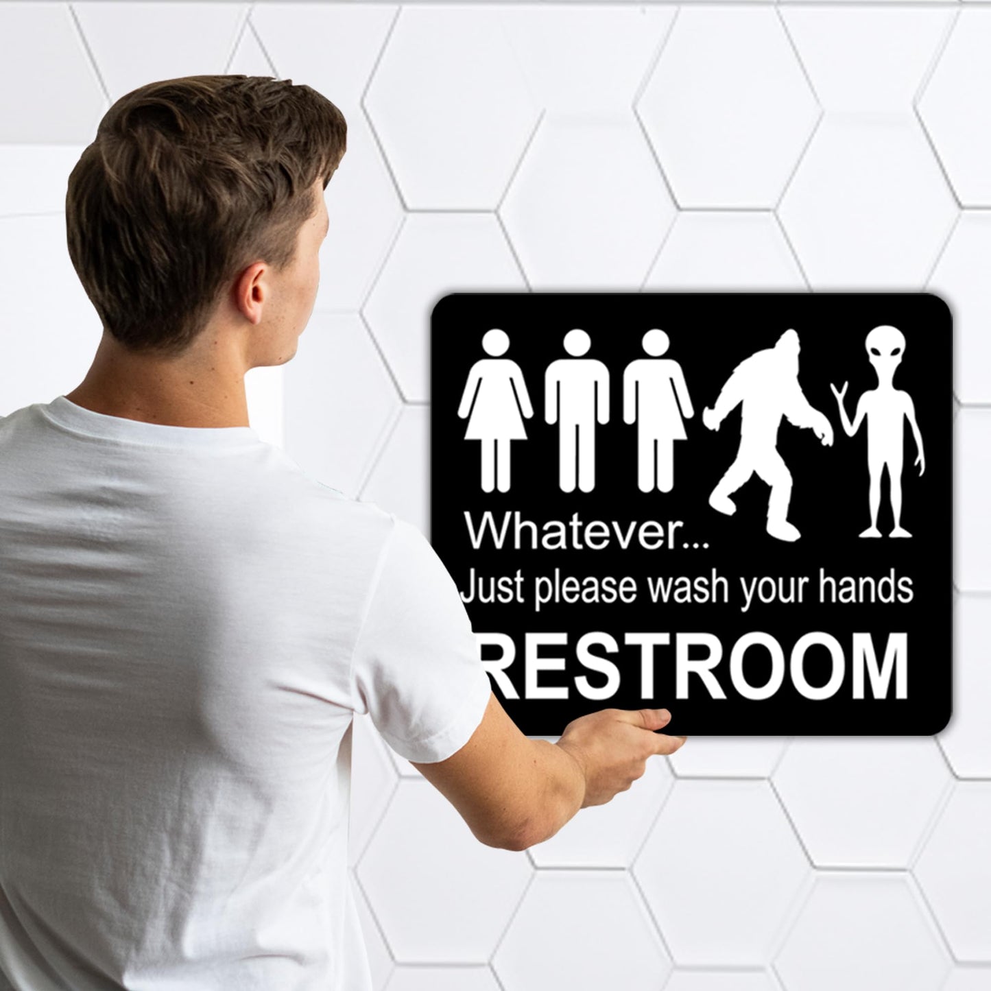 Just Please Wash Your Hands Bathroom Sign | Bigfoot Alien Funny Signs - Inclusive Decor - Door & Wall Restroom Signs - 8.5"x10"