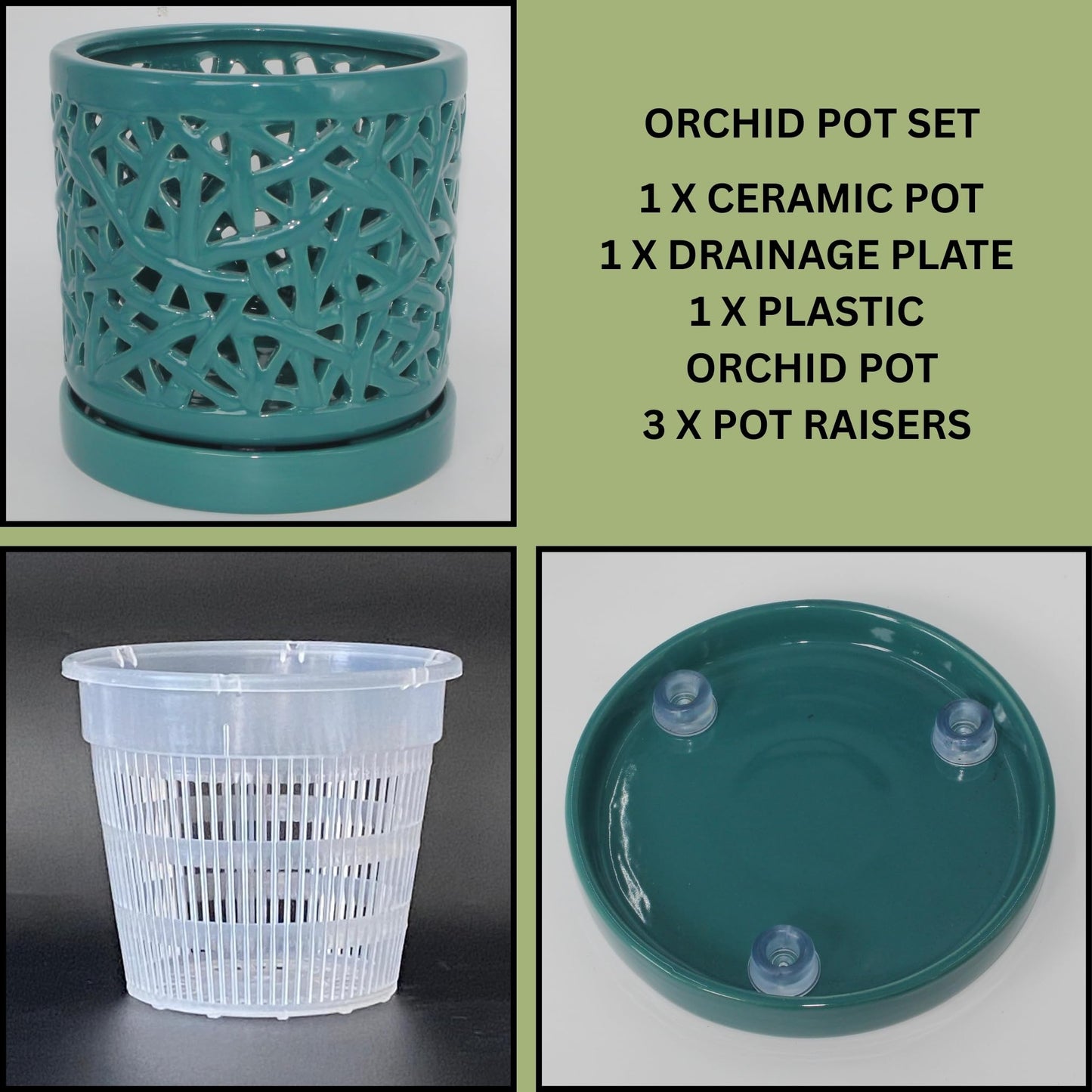 DESQUIGGLE Green Large Ceramic Orchid Pot with Holes, 6 Inches Wide, for Indoors or Outdoors with Woven String Cut Out Design, Orchid Planters, Orchid Gifts